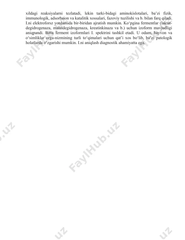 r. fermentlarni faolligini past molekulali organik birikmalar yoki metall ionlari bilan boshqarib turish mumkin. hujayra jarayonlarini boshqarishni bu mexanizmi, murakkab biosintetik jarayonlarda ishtirok etuvchi fermentlarga xos bo�lib, dastlabki fermentlardan birini, oxirgi mahsulot bilan ingibirlanishi bilan belgilanadi va oqibatda butun jarayonni sekinlashuviga yoki butunlay to�xtab qolishiga olib keladi. fermentlarni ajratish. [manbasini tahrirlash] biologik manbalardan fermentlarni preparatlar sifatida ajratib olish har xil maqsadlar uchun olib boriladi: — fermentlarni fizik-kimyoviy xususiyatlarini o�rganish, ularni ta�sir etish sharoitlarini aniqlash, har xil kritik sharoitlarga nisbatan mu�tadilligini belgilash, kinetik xususiyatlari va tuzilishini aniqlash maqsadida; — sanoat, tibbiyot va ilmiy izlanishlar uchun kerak bo�lgan fermentlarni ishlab chiqarish maqsadida; — fermentlarni immobilizatsiya qilish maqsadida. ba�zi-bir fermentlar hujayra organellalari yoki membranalar bilan bog�langan holatda bo�ladilar, shu sababli ham ularni ajratish biroz qiyinroq o�tadi. bunday holatlarda bog�langan fermentlarni ajratish jarayonini engillashtiruvchi moddalar maxsus detergintlardan foydalaniladi. fermentlarni ajratib olish jarayonida inaktivatsiyaga uchrashining asosiy sabablaridan biri, ularni proteolizm hisoblanadi. barcha organizmlar hujayralari har …