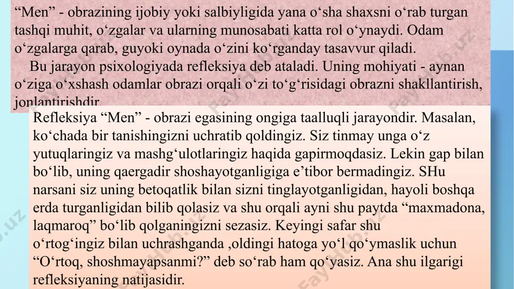 di kongnitiv qism – “men” qiyofam (ingl. self-image), o’z ichiga shaxsning o’zi haqida taassurotni qamrab oladi; emotsional-qadriyatlar =affektiv= –o’ziga shaxs sifatida, o’z faoliyatiga bo’lgan munosabati. bu tarkibiy qism, boshqacha aytganda, o’z-o’ziga baho berish tizimini ichiga o’zini baholash tizimi (angl. self-esteem) kiradi; axloqiy fe’l-atvor qism, bu kognitiv va baholash qismlarining fe’l-atvorida namoyon bo’lishini xarakterlaydi. masalan: nutqda, o’zi haqidagi fikrlarda o’zini anglab ko’rsatadi. r.berne “men” konsepsiyasini ierarxiyaga asosalngan tuzilma ko’rinishida taqdim etadi va “men” konsepsiyasi shaxsning o’zi haqida tushunchalarini kiritadi. bu tushunchalar har xil turlariga xos: 1. real “men” (“men kimman”); 2. ideal “men”(“meni kim bo’lishni istayman - intilaman). 3. oynali “men” (“meni qanday baholashadi). birinchidan – shaxsning ichki o’zaro roziligiga erishishga turtki beradi; ikkinchidan – odamni tajribasini izohlaydi; uchinchidan – kutishni manbasi bo’ladi. “men” konsepsiyasi hamma shaxsiy va xarakterli jarayonlarni muvofiqlashtiruvchisi bo’lib aks etadi. “men” konsepsiyasi o’zini kelib chiqishiga ko’ra asosan fenotipli havotirni irsiy darajasi va nerv tizimi xususiyatlari bilan mustaxkamlanadigan …