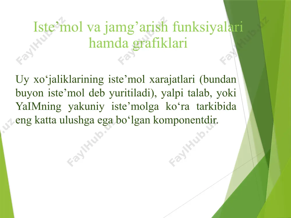 ------------ 100 δ yd bu yerda: mps (marginal propensity to saving) – jamg‘arishga chegaraviy moyillik. isteʼmolga (mpc) hamda jamg‘arishga (mps) chegaraviy moyillik iste’mol va jamg‘arishga chegaraviy moyillik ko‘rsatkichlari yig‘indisi 100%ga yoki koeffitsient ko‘rinishida 1ga teng bo‘ladi. mpc + mps =100% yoki 1. o‘zbekiston respublikasida isteʼmol va jamg‘arish jarayonlari xususiyatlari o‘zbekiston respublikasida isteʼmol va jamg‘arish jarayonlari xususiyatlari davlat statistika qo‘mitasi tomonidan 2022-yil uchun hisoblangan minimal iste’mol xarajatlari miqdori 498 ming so’mni tashkil etdi. qo‘mitaning qayd etishicha, yangi hisoblangan minimal iste’mol xarajatlari miqdori respublikaning barcha hududlarida 10,6 ming uy xo‘jaliklari o‘rtasida o‘tkazilgan kuzatuv natijalariga asoslangan. o‘zbekiston respublikasida isteʼmol va jamg‘arish jarayonlari xususiyatlari mazkur hisob-kitoblarga muvofiq, eng kam daromadga ega bo‘lgan uy xo‘jaliklarida kunlik iste’mol qilinadigan oziq-ovqat va zarur nooziq-ovqat tovarlar hamda xizmatlar uchun minimal iste’mol xarajatlari bir oyda kishi boshiga 498 ming so‘mni tashkil etadi. o‘zbekiston respublikasida isteʼmol va jamg‘arish jarayonlari xususiyatlari o‘zbekistonda, minimal iste’mol xarajatlari kambag‘allik chegarasi hisoblanadi hamda mazkur ko‘rsatkichdan …