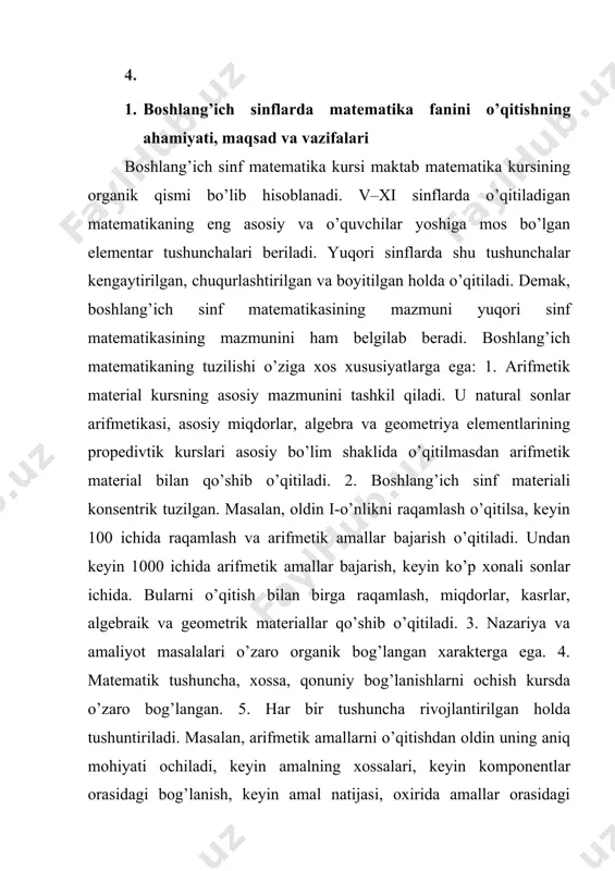 bilan komponentlari orasidagi bog’lanishlarni bilganlik asosida bajariladi. o’zgaruvchi bilan amaliy tekshirish o’quvchilarning funksional tasavvurlarini egallashlariga imkon beradi. geometrik material bolalarning eng sodda geometrik figuralar bilan tanishtirish, ularning fazoviy tasavvurlarini rivojlantirish, shuningdek, arifmetik qonuniyatlarni, bog’lanishlarni ko’rsatmali maqsadlariga xizmat qiladi. (masalan, to’g’ri to’rtburchakning teng kvadratlarga bo’lingan ko’rsatmali obrazidan ko’paytirishning o’rin almashtirish xossasini bog’lanishi ochib foydalaniladi...). 1-sinfdan boshlab to’g’ri va egri chiziqlar, kesmalar, ko’pburchaklar va ularning elementlari, to’g’ri burchak va hokozo kiritilgan. o’quvchilar geometrik figuralarni tasavvur qila olishni, ularni nomlari, katakli qog’ozga sodda yasashlarni o’rganib olishlari kerak. bundan tashqari, ular kesma va siniq chiziq uzunligini, ko’pburchak perimetrini, to’g’ri to’rtburchak, kvadrat va umuman har qanday figuraning yuzini (paletka yordamida) topish malakasini egallab olishlari kerak. o’qitish metodi tushunchasi. boshlang’ich sinflarda matematika o’qitishning maqsadlari quyidagilar: umumta’lim maqsadi, tarbiyaviy maqsadi, amaliy maqsadi. bu maqsadlar bir-biri bilan uzviy bog’liq bo’lib, bir-birini to’ldiradi. 1. ta’lim maqsadi o’qituvchidan quyidagilarni talab qiladi. a) o’quvchilarga matematik bilimlar tizimidan, bilim, malaka ko’nikma berish; …