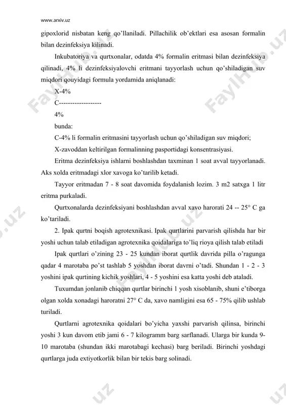 an bo’ladi. qurtxonadagi harorat 26 -270 c, xavoning nisbiy namlik 65 - 75 % ni tashkil etish lozim. ikkinchi yoshda qurtlarga butun barg yaproqchasi bilan solinadi. qurtlarning bu yoshi ham 3 kun davom etadi va jami 17-20 kg barg sarflanadi. ularga bir kunda 8 - 9 marotaba (shundan 2 marotabasi kechqurun) barg beriladi, ikkinchi yoshning birinchi kunida qurtlar 3 m2 joyda turgan bo’lsa, yosh oxiriga kelib 6 m2 joyni egallashi lozim. 3-yosh oxirida ega 12 • 15 m2 joyga qo’yiladi. bu yoshda qurtlar bir marotaba g’analanadi. ipak qurtining uchinchi yoshi 3-4 kun davom etib, 60-70 kg barg sarflanadi. ularga bir kunda 7-8 marotaba ( shundan kechasi 2 marotaba) barg beriladi. uchinchi yoshida qurtxonadagi harorat 26° c, xavoning nisbiy nam ligi 65 - 70% bo’ladi, uchinchi yoshdagi qurtlar bir sutka davomida uxlab turgach, to’rtinchi yoshga o’tadi. кatta yoshdagi qurtlarni boqish. qurtlarning turtinchi yoshida harorat 26 - 25° c va nisbiy namlik …