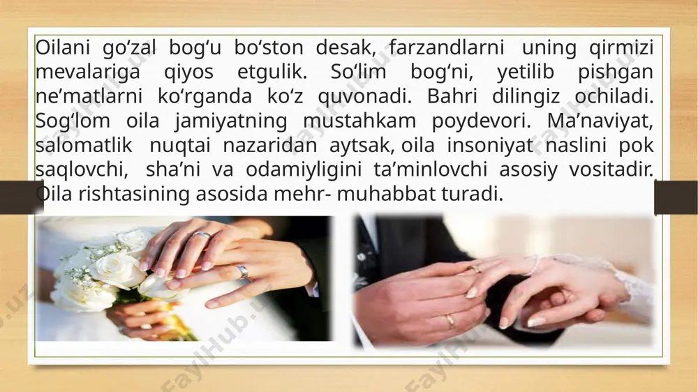 a tomonni oʻsha kasalligiga qarshi tura oladi. shu vaqtgacha mingdan ortiq bemorlarning kasallik anketalari bilan tanishdim, yuzlab irsiy kasalliklarga chalingan odamlarning oʻzi bilan suhbatlashib, irsiy kasalliklarning tarqalishi bevosita qorindosh -urugʻchilikka daxldor ekanligini kuzatdim. chunki, deyarli oʻttiz yildan beri tashhis apparatida ishlayman, ilmiy tadqiqotlarim ham shu mavzuda. huzurimga koʻplab homiladorlar kelad mutuxassislarning aytishicha, yaqin qarindoshlarning nikohi yetti avloddan keyin ham oʻz salbiy taʼsirini koʻrsatishi mumkin ekan. shuning uchun aqshning ayrim shtatlarida yaqin qarindoshlar oʻrtasdagi nikoh qonunan taʼqiqlangan. hozirgi kunda mamlakatimizdagi barcha oliy oʻquv yurtlarida va tibbiy maslahatxonalarda, mahallalarda bu borada olib borilayotgan tushuntirish ishlari yaxshi yoʻlga qoʻyilganligiga qaramay, salbiy holatlar hamon tez-tez uchrab turibdi. e’tiboringiz uchun raxmat image7.jpeg image8.png image9.png image10.png image11.png image12.jpeg image13.jpeg image14.jpeg image3.png image4.png /docprops/thumbnail.jpeg