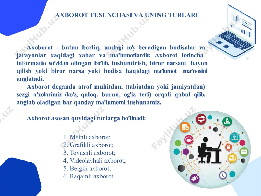 (nem. informatik, fransuzcha: informatique, inglizcha: computer science - komputer fani), axborotshunoslik — ilmiy informatsiya (axborot, xabar, maʼlumot)ning mohiyati, umumiy hossalari va koʼrinishlarini, shuningdek, ilmiy kommunikatsiya tizimi (oʼsha ilmiy informatsiyani tarqatish usullari va vositalari majmui)ni oʼrganish bilan shugʼullanadigan ilmiy fandir. inson faoliyatining ehm, kompyuterlar bilan bogʼliq boʼlgan sohasi. ijtimoiy fanlar jumlasiga kiradi. axborot texnologiyasi tushunchasi axborot texnologiyalari - maʼlumotlarni boshqarish va qayta ishlash texnologiyalaridir. odatda bu atama ostida kompyuter texnologiyalari tushuniladi. axborot texnologiyalari sohasida turli axborotni ehm va kompyuter tarmoqlari orqali yigʼish, saqlash, himoyalash, qayta ishlash, uzatish kabi amallar ustida ishlar olib boriladi. texnologiyasi insoniyat taraqqiyotining ham mavjud turli zamon axborot bosqichlarida axborotlashgan jamiyatining boʼlgan boʼlsa-da, xozirgi oʼziga xos hususiyati shundaki, sivilizatsiya tarixida birinchi marta bilimlarga erishish va ishlab chiqarishga sarflanadigan kuch energiya, xomashyo, materiallar va moddiy isteʼmol buyumlariga sarflanadigan xarajatlardan ustunlik qilmoqda, yaʼni axborot texnologiyalari mavjud yangi texnologiyalar orasida yetakchi oʼrinni egallamoqda. axborot texnologiyalarining rivojlanishi axborot kommunikatsiya texnologiyalari uzoq yillik …