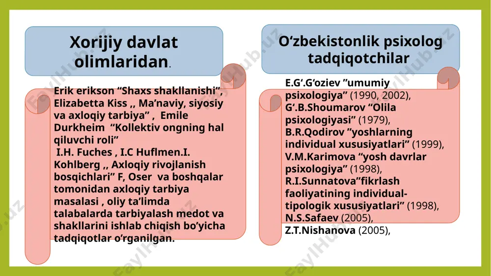 toifasi, o’ziga xos jamoasi sifatida tavsiflaydi. b. g. ananievning fikricha, 17 yoshdan 25 yoshgacha bo’lgan hayot davri shaxsni shakllantirishning yakuniy bosqichi va professionallashtirishning asosiy bosqichi sifatida muhim ahamiyatga ega. b. g. ananyevning so’zlariga ko’ra, 17 yoshga kelib, shaxs o’z-o’zini tarbiyalash faoliyati ko’nikmalarini shakllantirish uchun maqbul sub'ektiv sharoitlarni yaratadi. institutning zamonaviy talabasi, birinchi navbatda, keyingi rivojlanish uchun barcha imkoniyatlarga ega bo’lgan shaxsdir jamiyatning eng muhim intellektual salohiyati bo’lgan birinchi kurs talabasi kechagi talaba bo’lib, u zarur tajribaga ega emas va uni sotib olishga shoshilinch ehtiyoj sezadi. shu munosabat bilan o’qituvchi birinchi kurs talabasi faoliyatini mustaqil ishlarga imkon qadar tezroq moslashishga yo’naltirishi juda muhimdir. b.g. ananiev eksperiment natijasida insonning psixofiziologik funktsiyalari rivojlanishining tuzilishini tashkil etuvchi momentlarni taqqosladi, funktsional darajaning ko’tarilishi, barqarorlashishi va pasayishi lahzalarini o’z ichiga olgan hayot yillarini ajratdi v. s. ilyin va v. a. nikitin ta'lim jarayonlarining samaradorligi va axloqiy va ruhiy salomatlikni tiklash talabaning yangi yashash sharoitlariga qanchalik tez …
