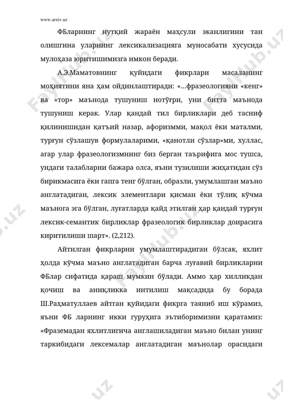 п)ларга яқиндир. аммо фб сўзга ҳам, сўз бирикмасига ҳам, гапга ҳам тўла маънода тенг эмас» (1,6). бу айтилган фикрларнинг моҳиятини чуқурроқ англаш ҳам фбларнинг лексикализацияга муносабатини аниқлашда маълум аҳамиятга эга. бу бирликларнинг сўз ясалишига бўлган алоқаси ҳам ана шундан келиб чиқади. к.м.гюлумянц «поляк тилидаги айрим турғун бирикмалар семантикасининг эволюцияси» номли маърузасида қуйидагиларни баён қилган эди: «эркин бирикмаларнинг турғун бирикмаларга ўтиш сабабларидан бири лексикализация жараёни бўлиб ҳисобланади. фразеология соҳасидаги лексикализация деб биз бирикма таркибидаги алоҳида компонентлар семантик маъноларининг аста-секин сезилмайдиган даражага келишини, фразеологизмларнинг бирикма қисмлари маънолари устида турадиган умумий маънога эга бўлишини айтамиз» (6,239). масалани мана шу тарзда тушуниш фбларнинг лексикализацияга муносабати масаласига яна ҳам ойдинлик киритади. зеро, фблар компонентлари ўртасида синтактик муносабатлар мавжуд ҳолатлар улардаги лексикализация ҳодисасининг амал қилиш доирасини ҳам чегаралайди, ҳам равшанлаштиради. мавжуд лексикализациялашиш қоидаларига мувофиқ келган ҳолатлардагина фблар лексикализацияси ҳақида гапириш мумкин бўлади. масалани мана шу тарзда қўядиган бўлсак, ўзбек тилидаги барча фбларга ҳам лексикализациялашув талабини қўя …
