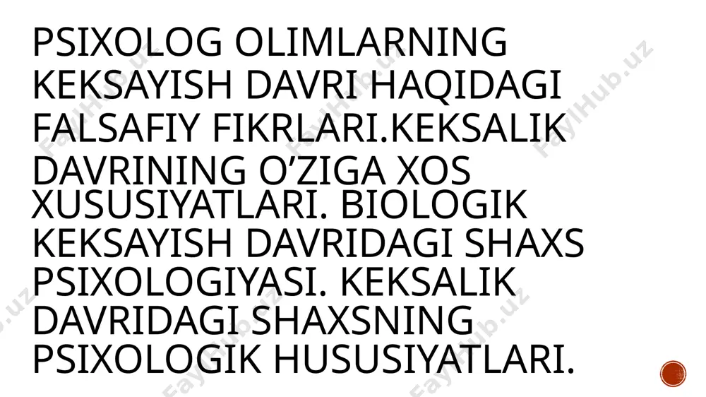 li ichiga tez yoyilishiga qaramay, uning izdoshlari birdaniga ko‘paymadi. xx asrning 30-yillaridan boshlab keksalik davriga oid tibbiy-biologik tadqiqotlarning ko‘payishi, shuningdek, inson kamolotiga shaxs sifatida yondashishning paydo bo‘lishi psixogerontologiyaning rivojlanishiga birmuncha ta’sir ko‘rsatdi. ana shu tariqa keksayishga tibbiy, ijtimoiy jihatdan yondashish bilan bir qatorda psixologik jabha jihatidan yondashish ham vujudga keldi va psixogerontologiyaning tadqiqot sohasi kengayib bordi, shu soha bo‘yicha ingliz tilida maxsus jurnallar chiqa boshladi. ilmiy izlanishlarning aksariyati keksayish davridagi odamlar shaxsining xususiyatlari, diqqati, xotirasi, tafakkuri, aql-zakovatiga bag‘ishlangan bo‘lib, boshqa psixik holatlar, jarayonlar juda kam tadqiq qilingan. hozir keksayish psixologiyasi ham gerontologiyaga, ham ongogenez psixologiyasi sohasiga taalluqli degan ikki xil ilmiy nazariya mavjud, vaholanki, ular o‘zaro bog‘liq bo‘lib, bir-birini doimo ilmiy axborot va ma’lumotlar bilan boyitib turadi. gerontologiya — grekcha so‘z bo‘lib, keksayishning, keksalikning kelib chiqishi demakdir. geriatriya so‘zi keksaygan inson shaxsini davolashni bildiradi. involyusiya tushunchasi evolyusiyaning teskarisi bo‘lib, o‘sishdan orqaga qaytishni ifodalaydi. gerogigiena — keksaygan odamning salomatligini saqlash va …