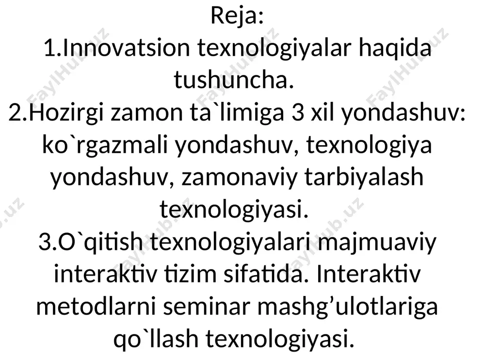 oniyatining mavjud emasligi; qiyin va murakkab mazmundagi material o’rganilayotganda ham o’qituvchi rolining ikkinchi darajali bo’lishi; o’qituvchining o’zi ham yaxshi rivojlangan fikrlash qobiliyatiga va muammolar echish ko’nikmalariga ega bo’lishining talab etilishi. kamchiliklari: zamonaviy tarbiyalash texnologiyasi - har tomonlama yondoshuvni amalga oshiradi va quyidagi majburiy talablarga rioya qiladi: 1. tarbiyalanuvchilarga 3 yo’nalish bo’yicha ta`sir etiladi - tafakkuriga, sezgilariga va xulqiga. 2. tarbiya (tashqi pedagogik ta`sir) va o’z-o’zini tarbiyalashning uzviyligi tufayli ijobiy natijaga erishiladi. 3. tarbiya jarayonida ishtirok etuvchi barcha vosita va tadbirlarning muvofiqlashtirilishi; ijtimoiy institutlar, birlashmalar, ommaviy axborot vositalari, adabiyot, san`at, oila, maktab, huquq targ`ibot idoralari, jamoalar - har tomonlama yondoshuvning zaruriy shartidir. 4. shaxsning ma`lum sifatlari amaldagi tarbiyaviy ishlar majmui orqali hosil qilinadi. bu ishlar yaqqol ko’rinishdagi ko’p yoqlik bo’lishi, bir vaqtning o’zida aqliy, jismoniy, xulqiy, estetik va mehnat tarbiyasini uzviyligi asosida olib borishi zarur. 5. har yoqlama yaxlit tarbiyaviy yondashuv tarbiyachining tizimli munosabatini va boshqaruvini taqoza qiladi. boshqaruv tarbiya jarayonida …