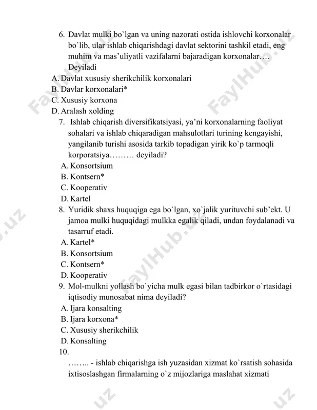 onsortsium c. kontsern* d. kooperativ 9. mol-mulkni yollash bo`yicha mulk egasi bilan tadbirkor o`rtasidagi iqtisodiy munosabat nima deyiladi? a. ijara konsalting b. ijara korxona* c. xususiy sherikchilik d. konsalting 10. …….. - ishlab chiqarishga ish yuzasidan xizmat ko`rsatish sohasida ixtisoslashgan firmalarning o`z mijozlariga maslahat xizmati ko`rsatish va texnik loyihalarni ekspertiza qilish bilan bog’liq iqtisodiy faoliyatdir. a. venchur korxonalar b. kartel c. konsalting d. kooprativ 11 . injiniring korxona- …….. a. muxandislik-maslahat xizmatlarni tijoratchilik qoidalariga asoslangan holda amalga oshiradi * b. bu ishlab chiqarishga ish yuzasidan xizmat ko`rsatish sohasida ixtisoslashgan firmalarning o`z mijozlariga maslahat xizmati ko`rsatish va texnik loyihalarni ekspertiza qilish bilan bog’liq iqtisodiy faoliyatdir. c. bu mol-mulkni yollash bo`yicha mulk egasi bilan tadbirkor o`rtasidagi iqtisodiy munosabat. d. – bu yuridik shaxs huquqiga ega bo`lgan, xo`jalik yurituvchi sub’ekt. u jamoa mulki huquqidagi mulkka egalik qiladi, undan foydalanadi va tasarruf etadi. 11. kichik biznes va tadbirkorlikda rahbarlikning quyidagi boshqaruv uslublaridan foydalaniladi: 1. …