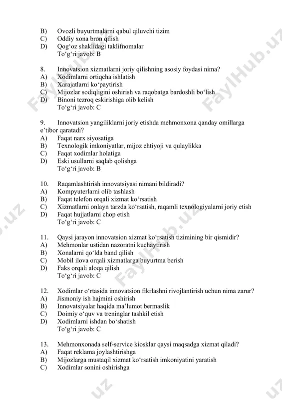 koniyatlar, mijoz ehtiyoji va qulaylikka c) faqat xodimlar holatiga d) eski usullarni saqlab qolishga to‘g‘ri javob: b 10. raqamlashtirish innovatsiyasi nimani bildiradi? a) kompyuterlarni olib tashlash b) faqat telefon orqali xizmat ko‘rsatish c) xizmatlarni onlayn tarzda ko‘rsatish, raqamli texnologiyalarni joriy etish d) faqat hujjatlarni chop etish to‘g‘ri javob: c 11. qaysi jarayon innovatsion xizmat ko‘rsatish tizimining bir qismidir? a) mehmonlar ustidan nazoratni kuchaytirish b) xonalarni qo‘lda band qilish c) mobil ilova orqali xizmatlarga buyurtma berish d) faks orqali aloqa qilish to‘g‘ri javob: c 12. xodimlar o‘rtasida innovatsion fikrlashni rivojlantirish uchun nima zarur? a) jismoniy ish hajmini oshirish b) innovatsiyalar haqida ma’lumot bermaslik c) doimiy o‘quv va treninglar tashkil etish d) xodimlarni ishdan bo‘shatish to‘g‘ri javob: c 13. mehmonxonada self-service kiosklar qaysi maqsadga xizmat qiladi? a) faqat reklama joylashtirishga b) mijozlarga mustaqil xizmat ko‘rsatish imkoniyatini yaratish c) xodimlar sonini oshirishga d) foydalanuvchini cheklashga to‘g‘ri javob: b 14. raqobatbardosh mehmonxona qanday yo‘l …