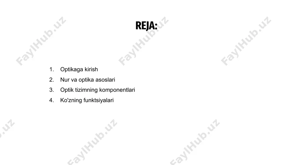 lash uchun miyaga uzatiladigan elektr signallariga aylantiradi. optik tizimning tarkibiy qismlarini o'rganish orqali biz ko'z qanday ishlashi va vizual ma'lumotni qayta ishlashi haqida tushunchaga ega bo'lamiz. 02 ko'zning funktsiyalari optika asoslari yorug'likning ko'zning optik tizimi tomonidan retinada aniq tasvirlarni yaratish uchun qanday yo'naltirilganligini tushuntiradi. ko'zning shox pardasi va linzalari yorug'likni sindirish va fokuslash, aniq ko'rish uchun markazlashtirilgan nuqtani sozlash va boshqarish uchun birgalikda ishlaydi. ko'z qorachig'i ko'zga kiradigan yorug'lik miqdorini tartibga soladi, retinada esa yorug'likni miya uchun elektr signallariga aylantiradigan fotoreseptor hujayralari mavjud. optika yorug'lik va uning materiallar bilan o'zaro ta'sirini o'rganadi. inson ko'zi atrofimizdagi dunyoni ko'rishga imkon beruvchi murakkab optik tizimdir. inson ko'zining anatomiyasi inson ko'zining anatomiyasi shox parda, ìrísí, linza va retinani o'z ichiga oladi. yorug'lik shox parda va linzalar orqali kirib, tasvirlarni yaratish uchun to'r pardaga qaratiladi. optika asoslarini tushunish bizga ko'zlarimiz yorug'likni ushlash, diqqatni jamlash va talqin qilish uchun qanday ishlashini tushunishimizga yordam beradi, bu bizga …
