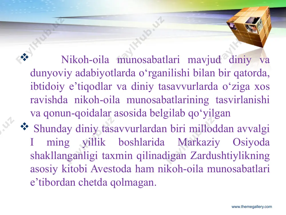 ati zohir bo‘lsa bu nikohdan voz kechish huquqiga ega. 2. er erkaklik qobiliyatiga ega bo‘lmagan taqdirda ayol taloq qilish imkoniyatidan foydalana oladi. 3. uch yil davomida ham er oilaning moddiy jihatini ta’minlay olmay, hatto ayolini boqa olmasa, xotin bunday erni tashlab keta oladi, ya’ni taloq qila oladi. 4. agar tomonlar bir-birlarining boshqa er va xotin bilan zino qilganliklarini eshitsa yoki sezsa, bunday nikoh “harom” bo‘ladi hamda tomonlar bir-birlarini taloq qiladilar. 5. agar xotinning hayoti er zulmidan xavf ostida qolsa, u o‘z juftini taloq qila oladi. 6. erkak kishi uylanish paytida oldingi xotinini bekitsa, to‘ydan keyin bu sir fosh bo‘lsa, bunday nikoh botil hisoblanadi. er yoki ayol zardusht dinidan yuz o‘girsa, ya’ni boshqa dinini qabul qilsa, taloq vojibdir. zardushtiylikda oila muqaddas sanalganligi uchun boshqa sabalarga ko‘ra, jumladan ig‘vo, tuhmat, er-u xotinning o‘zaro kelishmovchilikiga, ota-ona bilan chiqisha olmaslik bahonasi bilan nikohni bekor qilishiga yo’l qo’yilmagan. xotin qizlar orasida uchrab turadigan bo‘hton, chaqmachaqarlik, …