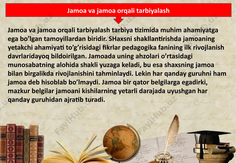 azorat qilish va boshqarish jarayonini tash­kil etuvchi mustaqil tizim, shuningdek, o’zining psixologik muhitiga, anhanalariga ega guruh hisoblanadi. demak, yuksak darajada o’stirilgan jamoa o’zida bir necha xususiyat belgilarini namoyon etadi. ular quyidagilardir jamoaning o’ziga xos xususiyatlari ijtimoiy ahamiyatga ega yagona maqsadning mavjudligi birgalikdagi umumiy faoliyatning tashkil etilishi majburiy mashuliyatli munosabatning yo’lga qo’yilishi saylangan umumiy rahbariy organga egalik jamoani tashkil etishning o’ziga xos xususiyatlari. 2. o’quvchilar jamoasining rivojlanish darajasi va bosqichlari. xi asrdayoq abu ali ibn sino o’zining «tadbiri manzil» nomli ilmiy asarining maxsus «amuzish va parvarishi modrasas farzand» («bolalarni maktabda o’qitish va tarbiyalash») bo’limida o’quvchilarga jamoali o’qitish haqida quyidagi tavsiyalarni beradi: agarda o’quvchilar birgalikda o’qisalar, ular zerikmaydilar, fanni o’rganishga qiziqish kuchayadi; ularda bir-birlaridan ortda qolmaslik uchun o’zaro musobaqalashish istagi rivojlanadi, ular bolaning o’qishi yaxshilanishiga yordam beradi; o’zaro suhbatlarda o’quvchilar kitobdan o’qish yoki kattalardan eshitgan qiziqarli ma`lumotlarni bir-birlariga aytib beradilar; bolalar birgalikda, yig`ilganlarida bir-birilari bilan do’stlashadilar va bir-birlarini hurmat qiladilar; ular faqatgina …