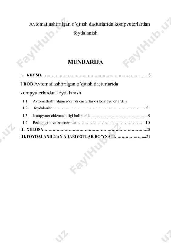 amalga oshiriladi. ya'ni, ta'lim jarayoni •niluvchi (baholash) va o'quvchi (o'z-o'zini baholash) ishtirokida bir qtning 0bzida nazorat qilib boriladi. atd lari quyidagi tamoyillarga asoslanadi: axborotlar kichik miqdorda uzatiladi; har bir taklif qilinayotgan axborot miqdorining o'zlashtirilishini tekshirish uchun nazorat topshiriqlari o'rnatiladi; o'z-o'zini nazorat qilish uchun savollarga javob qaytariladi; javob to'g'riligiga qarab ko'rsatma beriladi. amalda o'qituvchiga atd ning chiziqli yoki tarmoqlangan turlaridan birini tanlash yoki ulardan bir vaqtning o'zida birgalikda foydalanish imkoniyati yaratilgan bo'iishi kerak. atd ning chiziqli turida o'quvchilar o'quv ma'lumotining hamma miqdorlarini ularni uzatilish ketma-ketligi tartibida ishiab, o'zlashtiradilar. tarmoqlangan atd yaxlit o'quv ma'lumotni o'zlashtirishda o'quvchiga individual yo'l tanlash imkonini berishni ko'zda tutadi. bunda ma'lumotni o'zlashtirish tayyorgarlik darajasiga bog'liq bo'ladi. ikkala holda ham o'quvchi va o'qituvchi o'rtasidagi aloqa maxsus vositalar (har xil dasturlashtirilgan o'quv qo'llanmalari, kompyuterlar) yordamida amalga oshiriladi. та'limning bu ko'rinishining afzalligi o'quv dasturini o'zlashtirish darajasi va sifati haqidagi ma'lumotni to'liq va doimiy ravishda olib turish imkoniyati mavjudligi bilan belgilanadi. atd …