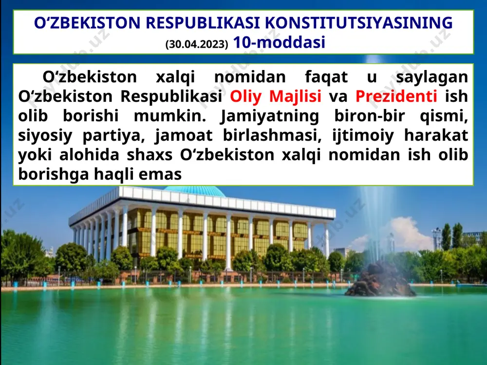 hokimiyati qonun chiqaruvchi va ijro etuvchi hokimiyatdan, siyosiy partiyalardan, fuqarolik jamiyatining boshqa institutlaridan mustaqil holda ish yuritadi o‘zbekiston respublikasining konstitutsiyasi va 2000-yilda qabul qilingan «sudlar to‘g‘risida»gi qonuni (yangi tahrirda) sud islohotlarining huquqiy asosidir 1991–2016-y.y; 2) 2017-yildan keyingi davr. dastlabki davrda o‘zbekiston respublikasi sud tizimiga besh yil muddatga saylanadigan quyidagi sudlar kirgan:  o‘zbekiston respublikasining konstitutsiyaviy sudi;  o‘zbekiston respublikasining oliy sudi;  o‘zbekiston respublikasining oliy xo‘jalik sudi;  qoraqalpog‘iston respublikasi fuqarolik va jinoyat ishlari bo‘yicha oliy sudlari;  qoraqalpog‘iston respublikasi xo‘jalik sudi;  fuqarolik va jinoyat ishlari bo‘yicha viloyat va toshkent shahar sudlari;  fuqarolik va jinoyat ishlari bo‘yicha tumanlararo, tuman, shahar sudlari;  viloyatlar va toshkent shahrining xo‘jalik sudlari;  harbiy sudlar. sud tizimidagi islohotlarni ikki davrga bo‘lish mumkin islohotlar ikkinchi davrining asosiy xususiyati prezident shavkat mirziyoyevning 2017-yil 21-fevraldagi «o‘zbekiston respublikasi sud tizimi tuzilmasini tubdan takomillashtirish va faoliyati samaradorligini oshirish chora-tadbirlari to‘g‘risida»gi farmoni asosida amalga oshirilmoqda o‘zbekiston respublikasi oliy …