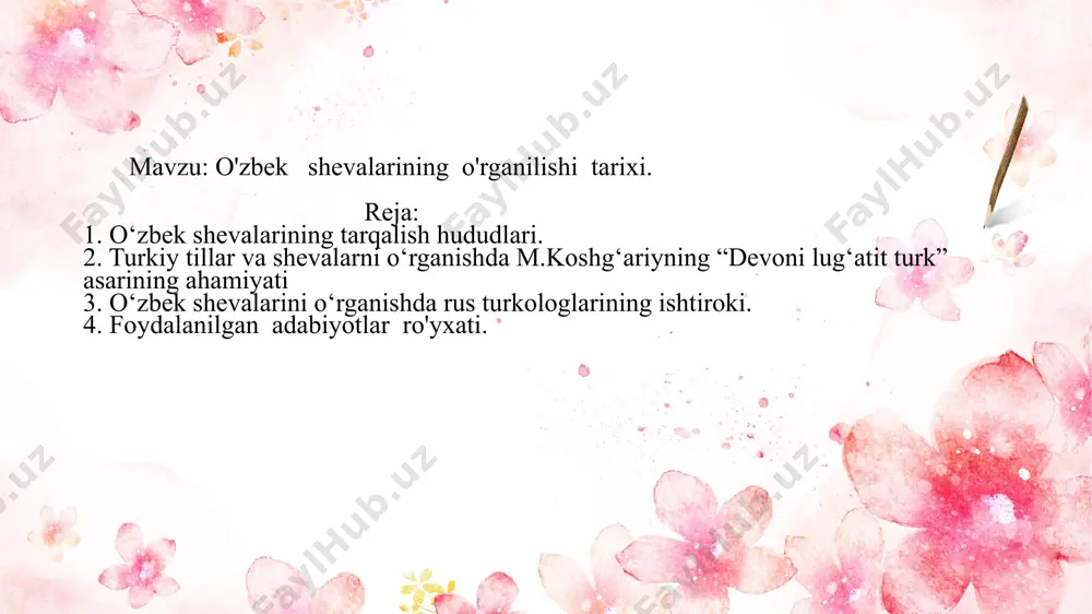 outmasters/_rels/handoutmaster1.xml.rels ppt/slides/_rels/slide1.xml.rels ppt/slides/_rels/slide2.xml.rels ppt/slides/_rels/slide3.xml.rels ppt/slides/_rels/slide4.xml.rels ppt/slides/_rels/slide5.xml.rels ppt/slides/_rels/slide6.xml.rels ppt/slides/_rels/slide7.xml.rels ppt/slides/_rels/slide8.xml.rels ppt/slides/_rels/slide9.xml.rels ppt/slides/_rels/slide10.xml.rels ppt/slides/_rels/slide11.xml.rels ppt/slides/_rels/slide12.xml.rels ppt/slides/_rels/slide13.xml.rels ppt/slides/_rels/slide14.xml.rels ppt/slides/_rels/slide15.xml.rels ppt/slides/_rels/slide16.xml.rels ppt/slides/_rels/slide17.xml.rels ppt/slides/_rels/slide18.xml.rels ppt/slides/_rels/slide19.xml.rels [content_types].xml 单击此处编辑母版标题样式 单击以编辑母版副标题样式 单击此处编辑母版标题样式 编辑母版文本样式 第二级 第三级 第四级 第五级 单击此处编辑母版标题样式 编辑母版文本样式 单击此处编辑母版标题样式 编辑母版文本样式 第二级 第三级 第四级 第五级 编辑母版文本样式 第二级 第三级 第四级 第五级 单击此处编辑母版标题样式 编辑母版文本样式 编辑母版文本样式 第二级 第三级 第四级 第五级 编辑母版文本样式 编辑母版文本样式 第二级 第三级 第四级 第五级 单击此处编辑母版标题样式 单击此处编辑母版标题样式 编辑母版文本样式 第二级 第三级 第四级 第五级 编辑母版文本样式 单击此处编辑母版标题样式 编辑母版文本样式 单击此处编辑母版标题样式 编辑母版文本样式 第二级 第三级 第四级 第五级 单击此处编辑母版标题样式 编辑母版文本样式 第二级 第三级 第四级 第五级 单击此处编辑母版标题样式 编辑母版文本样式 第二级 第三级 第四级 第五级 单击此处编辑母版文本样式 第二级 第三级 第四级 第五级 urdu filologiya fakulteti o'zbek tili ta'lim yo'nalishi 194 - guruh talabasi abdusharibova dilafro'zning o'zbek dialektologiyasi fanidan mustaqil ish mavzu: o'zbek shevalarining o'rganilishi tarixi. reja: 1. o‘zbek shevalarining tarqalish hududlari. 2. turkiy tillar va shevalarni o‘rganishda m.koshg‘ariyning “devoni lug‘atit turk” asarining ahamiyati 3. o‘zbek shevalarini o‘rganishda rus turkologlarining ishtiroki. 4. foydalanilgan adabiyotlar ro'yxati. turkiy tillar lahjalarini o'rganishga bo'lgan qiziqish eng qadimgi davrlardan boshlangan. …