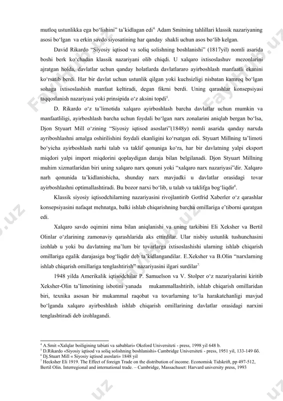 davlat uchun ustunlik qilgan yoki kuchsizligi nisbatan kamroq bo‘lgan sohaga ixtisoslashish manfaat keltiradi, degan fikrni berdi. uning qarashlar konsepsiyasi taqqoslanish nazariyasi yoki prinsipida o‘z aksini topdi5. d. rikardo o‘z ta’limotida xalqaro ayirboshlash barcha davlatlar uchun mumkin va manfaatliligi, ayirboshlash barcha uchun foydali bo‘lgan narx zonalarini aniqlab bergan bo‘lsa, djon styuart mill o‘zining “siyosiy iqtisod asoslari”(1848y) nomli asarida qanday narxda ayriboshlashni amalga oshirilishini foydali ekanligini ko‘rsatgan edi. styuart millning ta’limoti bo‘yicha ayirboshlash narhi talab va taklif qonuniga ko‘ra, har bir davlatning yalpi eksport miqdori yalpi import miqdorini qoplaydigan daraja bilan belgilanadi. djon styuart millning muhim xizmatlaridan biri uning xalqaro narx qonuni yoki “xalqaro narx nazariyasi”dir. xalqaro narh qonunida ta’kidlanishicha, shunday narx mavjudki u davlatlar orasidagi tovar ayirboshlashni optimallashtiradi. bu bozor narxi bo‘lib, u talab va taklifga bog‘liqdir6. klassik siyosiy iqtisodchilarning nazariyasini rivojlantirib gotfrid xaberler o‘z qarashlar konsepsiyasini nafaqat mehnatga, balki ishlab chiqarishning barcha omillariga e’tiborni qaratgan edi. xalqaro savdo oqimini nima …