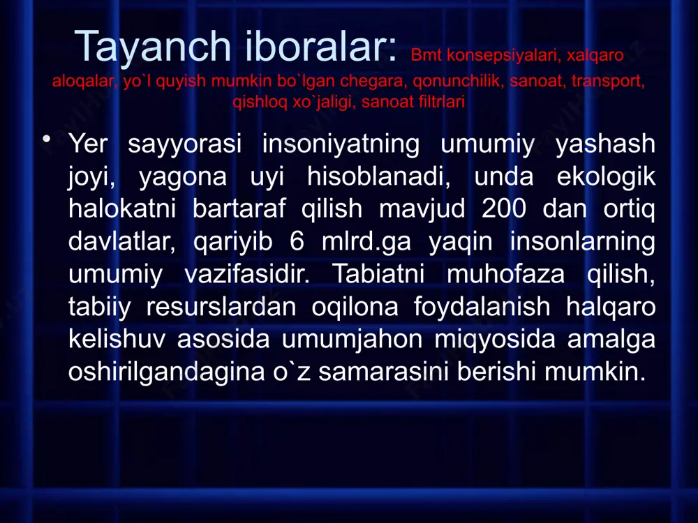 i boshqarishda iqtisodiy usullarga murojaat qilish bilan tabiatdan foydalanishda pullik tamoyilni tatbiq qilishga imkon beradi. iqtisodiy tadbirlarning tatbiq qilinishi ifloslanib borayotgan tabiiy muhitning tozalanishiga, ekologik buxrondan tezroq chiqishga asos yaratadi. ushbu tamoyilni qo`llash “tabiatni muhofaza qilish to`risida”gi qonunda ham har taraflama asoslangan foydalanilgan adabiyotlar i.a.karimov. tarixiy xotirasiz kelajak yo’q. t., “sharq”, 1998. i.a.karimov. o’zbekiston buyuk kelajak sari. t., “o’zbekiston”, 1998. i.a.karimov. o’zbekiston xxi asrga intilmoqda. t., “o’zbekiston”, 1999. jabborov n. kimyo va atrof muhit. t., “o’qituvchi”1992. barotov p. tabiatni muhofaza qilish. t., “o’qituvchi”1991. shodimetov yu. ijtimoiy ekologiyaga kirish. i, ii qism, t., “o’qituvchi”1994. otaboyev sh. nabiyev m. inson va biosfera. t., “o’qituvchi”1995. 10. tursunov x.t. ekologiya asoslari va tabiatni muhofaza qilish. “saodat ria”, 1997. image10.jpeg image11.jpeg image12.jpeg image1.jpeg image9.jpeg image2.jpeg image3.jpeg image4.jpeg image5.jpeg image6.jpeg image7.jpeg image8.jpeg