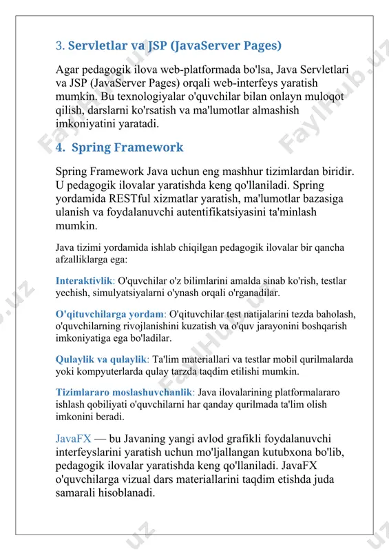 quvchilarga o'z bilimlarini baholash imkonini beradi. servletlar va jsp (java server pages) web-asoslangan pedagogik ilovalar yaratish uchun java servletlari va jsp texnologiyalaridan foydalanish mumkin. servletlar server tomonida ishlaydigan dasturlar bo'lib, ularning vazifasi foydalanuvchi so'rovlariga javob berish va html sahifalarini yaratishdan iborat. web-ta'lim platformalari: online ta'lim platformalarini yaratish uchun servletlar va jsp texnologiyalari ideal hisoblanadi. bu tizimlar onlayn darslar, video materiallar, forumlar va boshqa interaktiv imkoniyatlarni taqdim etishga yordam beradi. restful web xizmatlari rest (representational state transfer) texnologiyasi yordamida web-xizmatlar yaratish o'quvchilarga va o'qituvchilarga o'zaro ma'lumot almashish imkoniyatini beradi. java spring framework yordamida restful api yaratish, ma'lumotlarni masofaviy serverlarga uzatish va olish mumkin. bu o'z navbatida pedagogik ilovalar uchun juda muhim, chunki ular turli platformalarda ishlashini ta'minlaydi. ma'lumotlar almashish: ta'lim platformalarida foydalanuvchi ma'lumotlarini saqlash va ularni masofaviy serverlarda boshqarish uchun restful xizmatlar ishlatiladi. spring framework spring framework — java uchun keng tarqalgan ochiq manbali framework bo'lib, u enterprise (yirik) ilovalar yaratishda …