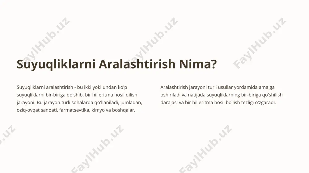 laniladi, bu esa suyuqliklarni aralashtirishga imkon beradi. 4 gravitatsion aralashtirish 1 zichlik farqi zichligi yuqori suyuqlik pastki qismga, zichligi past suyuqlik esa yuqori qismga ko'tariladi. 2 tabiiy aralashtirish suyuqliklarning zichligi farqi tufayli ular o'z-o'zidan aralashib, bir hil eritma hosil qiladi. 3 vaqt o'tishi bilan gravitatsion aralashtirish jarayoni vaqt talab qiladi, chunki suyuqliklar asta-sekin aralashib, bir hil eritma hosil qiladi. 5 diffuzion aralashtirish 1 molekulalarning harakati suyuqlik molekulalari doimiy ravishda bir-biriga aralashib, braun harakati deb ataladigan tasodifiy harakatni amalga oshiradi. 2 bir hil eritma ushbu harakat natijasida suyuqlik molekulalari bir-biriga teng ravishda tarqalib, bir hil eritma hosil qiladi. 3 samaradorlik diffuzion aralashtirish jarayoni gravitatsion aralashtirishga qaraganda ko'proq vaqt talab qiladi, lekin natijada bir hil eritma hosil bo'ladi. 6 aralashtirish samaradorligini oshirish aralashtirish vaqti aralashtirish vaqti qancha uzoq bo'lsa, suyuqliklar shunchalik yaxshi aralashadi. aralashtirish tezligi yuqori aralashtirish tezligi suyuqliklarning tez va samarali aralashishiga imkon beradi. harorat yuqori haroratda suyuqliklarning viskozitesi pasayadi, bu …
