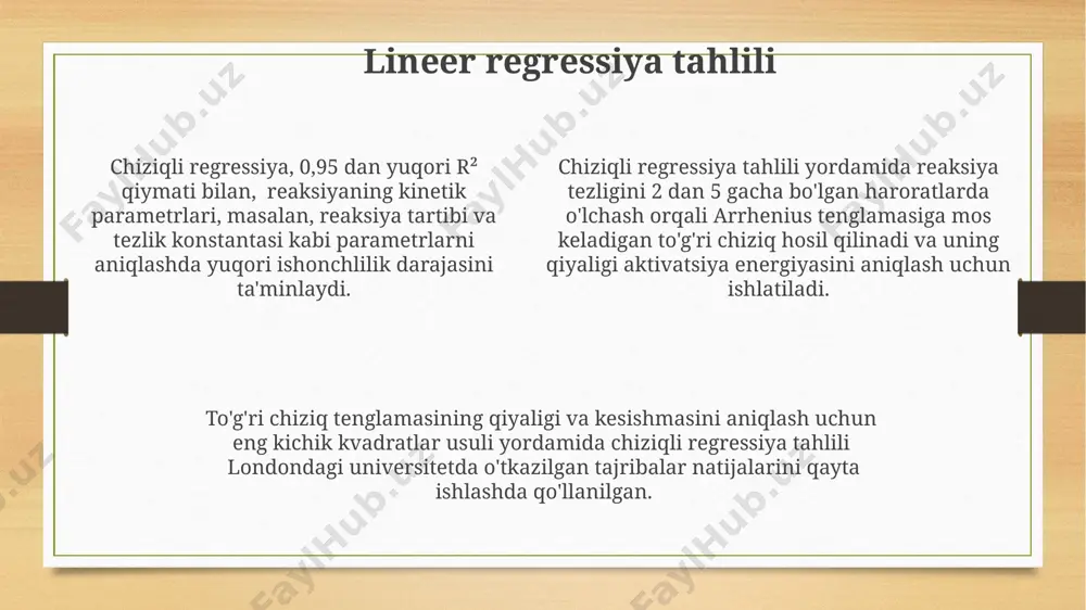 a aktivlash energiyasi (ea)ni aniqlash mumkin. bu usul toshkentdagi kimyo laboratoriyalarida keng qo'llaniladi. murakkab reaksiyalar kinetikasi aktivlashtirish energiyasini aniqlash uchun arrhenius tenglamasidan foydalanib, reaksiya tezligi konstantasi 10-50°c oralig'ida o'lchanadi, bu esa aktivlashtirish energiyasining qiymatini aniqlash imkonini beradi va samarqanddagi tajriba natijalariga bog'liq. murakkab reaksiyalar kinetikasini o'rganishda, masalan, 25°c da o'tkazilgan tajribalarda reaksiya tezligi konstantasi 10⁻³ s⁻¹ ga teng bo'lishi mumkin, bu esa toshkentdagi laboratoriya sharoitida olingan ma'lumotlarga asoslanadi. murakkab reaksiyalar kinetikasi uchun bir necha bosqichli mexanizmlarni, jumladan, 3 ta bosqichdan iborat ketma-ket reaksiyalarni modellashtirish, moskva shahridagi olimlarning tadqiqotlarida qo'llanilgan. e'tiboringiz uchun rahmat @taqdimot_robot image3.png image4.png