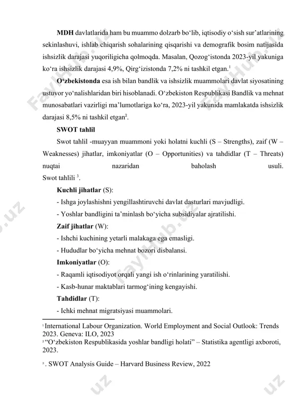 ijtimoiy va madaniy omillar; - rasmiy ishga joylashishda ortiqcha byurokratik to‘siqlar. o‘zbekistonning ayrim viloyatlarida, ayniqsa, qoraqalpog‘iston respublikasi, surxondaryo, jizzax kabi hududlarda ishsizlik darajasi yuqoriligicha qolmoqda. ko‘plab yoshlar oliy ta’limni tamomlagach, malakali bo‘lsa-da, o‘z mutaxassisligi bo‘yicha ish topilmayapti [footnoteref:4]. [4: stat.gov.kz – qozog‘iston respublikasi milliy statistik qo‘mitasi rasmiy sayti.] tahlil ishsizlik masalasi global iqtisodiyotda ayniqsa dolzarbligini yo‘qotmayapti. xalqaro mehnat tashkilotining ma’lumotlariga ko‘ra, 2023-yilda dunyo bo‘yicha ishsizlik darajasi taxminan 5,0% atrofida bo‘lib, 2024-yilda bu ko‘rsatkich 4,9% gacha pasayishi kutilmoqda. shuningdek, dunyo bo‘yicha 2024-yilda 402 millionga yaqin ish qidiruvchilar bo‘lib, ulardan 183 millioni rasmiy hisobda ishsiz deb qayd etilgan. bu ko‘rsatkichlar mehnat bozoridagi nomuvofiqlik va iqtisodiy noaniqlikni, xususan pandemiya va global yengilliklardan so‘ng ham borligini ko‘rsatadi. jahon iqtisodiyotida ishsizlik ayollar va yoshlar orasida avvalgidan ko‘ra yuqori darajada davom etib, daromad va bandlik tengsizliklariga olib kelmoqda[footnoteref:5]. [5: o‘zbekiston respublikasi bandlik va mehnat munosabatlari vazirligi, 2023-yil hisobotlari.] xulosa: o‘zbekistonda ishsizlikka qarshi kurashish masalasi davlat siyosatining …