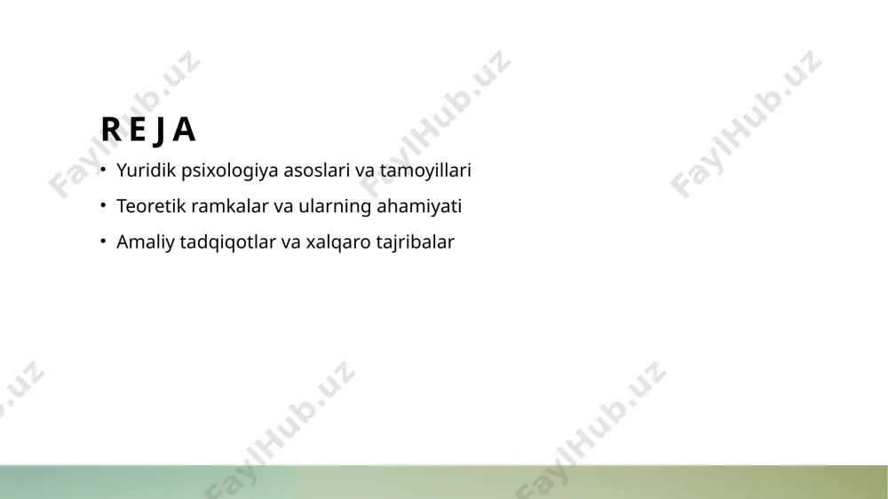 logiya o'rtasidagi bog'lanishni o'rganib, sud jarayonlarida inson xulqini tahlil qiladi. 02 tahlil usullari yuridik psixologiyada psixologik testlar, intervyu va kuzatish kabi metodlar qo'llanilib, sud jarayonlarida ishning rivojlanishiga ta'sir ko'rsatadi. 03 hujjatlar va dalillar yuridik psixologiya, shaxsiy va huquqiy dalillarning tahlilida muhim rol o'ynaydi, chunki u jinoyatni tushunishga yordam beradi. 04 amaliy ta'sir yuridik psixologiyaning ta'siri, sud qarorlari, ekspertiza va advokatlarning ish faoliyatida muhim ahamiyatga ega bo'lib, qonun ustuvorligini mustahkamlashga xizmat qiladi. yuridik psixologiya va psixologik tahlil: o'zaro bog'liqlik. yuridik psixologiya va psixologik tahlil o'rtasidagi bog'liqlik, sud jarayonlarida inson psixikasini o'rganishda muhim ahamiyatga ega. ushbu tahlil, sudyalar va advokatlar uchun, to'g'ri qarorlar qabul qilishda yordam beradi. - yuridik psixologiyaning nazariy asoslari. - psixologik tahlil usullari va ularning amaliyotdagi qo'llanilishi. photo by soliman cifuentes on unsplash yuridik psixologiyadagi teoretik ramkalar va ularning o'zaro bog'liqligi. 1 teoretik ramkalar yuridik psixologiyada teoretik ramkalar, psixologik jarayonlarni tushunish va qonuniy masalalarni hal qilishda muhim ahamiyatga ega. …