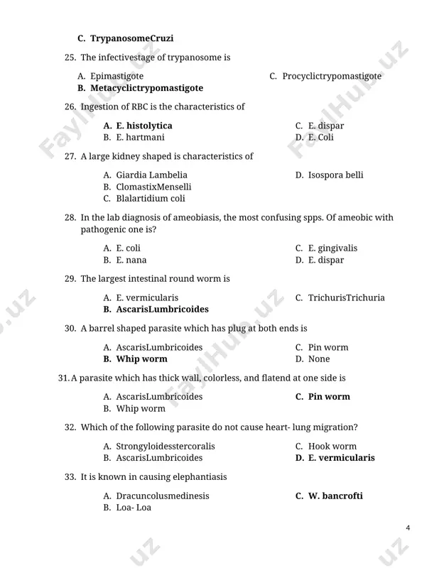 n concentration technique (buffy coat smearing) is useful for lab. dx. of a. b. malaria c. e. histolytica d. giardia lamblia e. trypanosomes f. a and d 66. 67. all of the following chemical is used to make/prepare/ stool smear for direct examination except a. b. normal saline c. eosin d. dobell’s iodine e. 10% formalin 68. 69. montangro skin test used to diagnose a. b. kala- azar c. toxoplasmosis d. hydatid cyst e. sleeping sickness 70. 71. the diagnostic stage of lieshmania from culture is ________ a. b. amastigote c. epimas d. promastigote e. trypomastigote 72. which of the following non- microscopical diagnosis of malaria based on detection of hrp – 2ag a. b. ict c. optimal r d. thick e. thin 73. 74. when you report the consistency of the stool, formed has the following characteristics. a. can not be punctured with applicator stick. b. stool will flow …
