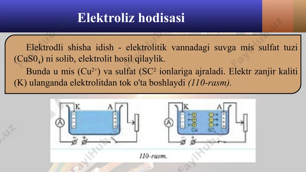 ib chiqqan modda massasi uchun quyidagi ifodani hosil qilamiz: faradeyning birinchi qonunini quyidagi tajriba asosida tekshirib ko'rish mumkin. uchta a, b va c vannalarga bir xil elektrolitlar quyilib, ularning elektrodlari bir-biri bilan 111-rasmda ko'rsatilgandek ulanadi. rasmga ko'ra, a elektrolitik vannadan o'ta­yotgan ia tok kuchi b va c elektrolitik vannalardan o'tayotgan ib va ic tok kuchlarining yig'indisiga teng bo'ladi: h=h + ic bundan, (2) formulaga ko'ra, a, b va c elektrolitik vannalardagi elektrodlarda ajralib chiqqan moddalaming ma=k ia at, mb=k h at va mc=k ic at massalari uchun ma=mb+mc munosabat o'rinli bo'lishi tajribada tasdiqlangan. masala yechish namunasi buyum 40 minut davomida nikellanadi. bunda buyum sirt yuzasiga 1,8 g nikel o'tirdi. nikellash jarayonida elektrolitdan qanday tok o'tgan? elektroliz deb qanday hodisaga aytiladi? mis kuporosi bilan o'tkazilgan tajribani tu-shuntirib bering. faradeyning birinchi qonunini ta'riflang va qanday ifodalanishini yozib bering. 112-rasmda berilgan moslama qanday maqsadda ishlatiladi, qurilmaning ishlash prinsipi nimaga asoslangan? faradeyning birinchi qonunini …