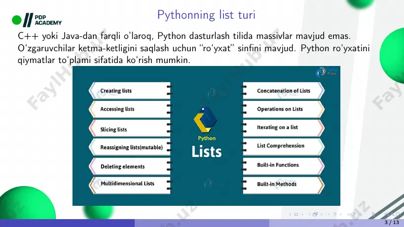 #del ranglar 3 print(ranglar) xatolik: nameerror: name ’ranglar’ is not defined bir nechta elementlarni o‘chirish uchun del var_name[start_index:stop_index] sintaksisdan foydalanamiz. 1 ranglar = ['oq', 'qora', 'qizil', 'sariq', 'yashil ', 'pushti '] 2 del ranglar [1:3] 3 print(ranglar) natija: [’oq’, ’sariq’, ’yashil’, ’pushti’] 11 / 13 savollar 12 / 13 e’tiboringiz uchun rahmat thanks for attention 13 / 13 ro`yxatlar pythonning list turi ro`yxatlarning qismlarini ajratib olish ro`yxat elementlarining qiymatlarini o`zgartirish