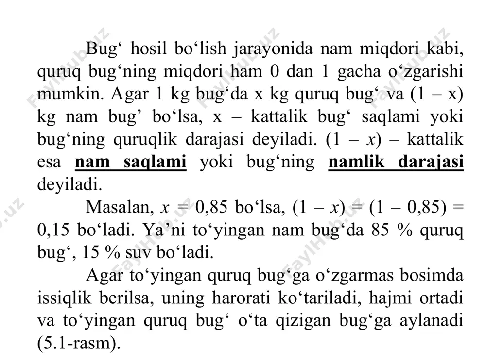 lish issiqligiga r, ya’ni, qaynash temperaturasidagi 1 kg suyuqlikni bug‘ga aylantirish uchun zarur bo‘lgan issiqlik miqdoriga teng. suv bug‘i uchun i – s diagrammani birinchi bo‘lib 1904 yilda mole taklif qilgan. hozirgi vaqtda issiqlik – texnik hisoblarda m.p.vukalovich tomonidan tuzilgan i–s diagrammadan foydalaniladi. i – s diagrammani kurishda ordinata o‘qi bo‘ylab entalpiya, absissa bo‘ylab esa entropiya qiymatlari joylashtirilgan. koordinata boshi qilib suvning uchlamchi nuqtasi qabul qilingan. issiqlik jarayonlarini hisoblashda suv bug‘ining t–s va h– s diagramma- larini qo‘llash issiqlik – texnik hisoblarni ancha soddalashtiradi. 5.2. issiqlik sig’imi. jismning issiqlik sig’imi deb, uning haroratini 1ᴼ gradusga oshirish uchun kerak bo’lgan issiqlik miqdoriga aytiladi. moddaga nisbatan olingan issiqlik sig’imi solishtirma issiqlik sig’imi deyiladi. solishtirma issiqlik sig’imi quyidagilarga bo’linadi: 1) massaviy solishtirma issiqlik sig’imi, c (hajm o’zgarmas bo’lganda – cv, bosim o’zgarmas bo’lganda – cp) – ya’ni bu 1 kg jismni 1ᴼ gradus qizitish uchun kerak bo’lgan issiqlik miqdori: (5.1) hajmiy solishtirma issiqlik …