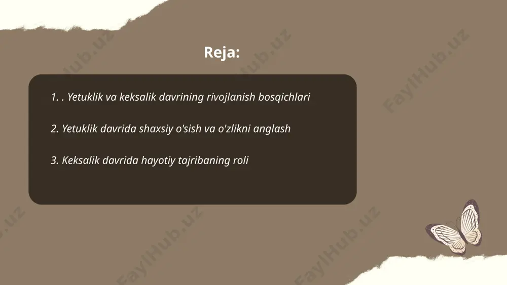 baning roli juda katta ahamiyatga ega. insonlar keksalik davrida to‘plagan bilimlari va tajribalari tufayli muammolarni samarali hal qilishadi. keksalarning 77% i hayotiy tajribalaridan foydalanib, yoshi ulug‘ avlodga maslahat beradilar. ularning 82% i o‘zlarini oilalari va jamiyatda ko‘rsatgan tajribalaridan foydalangan holda jamiyatga ko‘proq hissa qo‘shishga intilishadi. hayot davomida orttirilgan ko‘nikmalar 60 yoshdan keyin hatto 73% kishilarda ham faol ijtimoiy muloqotga kirishga yordam beradi. tadqiqotlar shuni ko‘rsatadiki, keksalikda hayotiy tajribaga ega bo‘lgan odamlar stressli holatlarda 68% hollarda yanada yaxshi qarorlar qabul qiladilar. shu jihatdan, keksalikda tajriba hayot sifatini yaxshilashda muhim omil hisoblanadi. ... t.me/slaydai_bot yetuklikda kasb va oila muvozanatini saqlash muhimdir. tadqiqotlar shuni ko'rsatadiki, yaxshi muvozanatli hayotga ega odamlar ko'proq baxtlidir va stress darajalari pastroq bo'ladi. statistikaga ko'ra, ayollarning 54 foizi va erkaklarning 48 foizi kasb va oila o'rtasida muvozanatni topishda qiyinchiliklarga duch kelishadi. 2022-yilda o'tkazilgan so'rov natijalariga ko'ra, respondentlarning 65 foizi oila va kasb orasidagi muvozanatni topishni ularning sog'lig'i va farovonligi …