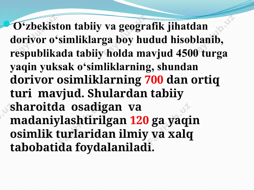 i poyasida, bazi osimliklarning guli yoki mevasida, bazilarida ildizi yoki postlogida toplanadi. shuning uchun osimliklarning asosan biologik aktiv moddalari kop bolgan qismi yiǵib olinadi osimliklarning ildizi, ildizpoyasi, piyozi va tuganagi, odatda, osimlik uyquga kirgan davrda — kech kuzda yoki osimlik uygonmasdan oldin — erta bahorda tayyorlanadi. yangi yulib olingan dorivor osimlik mahsuloti tarkibida (yer ustki a’zolarida 85% gacha, ildizida 45% gacha) nam bóladi. bu nam yoqotilmasa (quritish yóli bilan), osimlik chirib, dori moddalari parchalanib, yaroqsiz bolib qoladi. osimlikning meva va uruǵlari pishib yetilganda yiǵiladi, chunki ólar bu paytda dori moddalariga boy boladi. odamlar qadim zamonlardan tabiat neʼmatlaridan foydalana boshlaganidan buyon dorivor otlardan kasalliklarni davolashda foydalanib kelganlar. “bundan 3—4 ming yil ilgari hindiston, xitoy, qadimgi misr mamlakatlarida shifobaxsh osimliklar haqida malumotlar beruvchi asarlar yozilgan. sharqda, xususan orta osiyo xalq tabobatida dorivor ósimliklardan foydalanib davolash ozining qadimgi ananalariga ega. shifobaxsh osimliklardan tibbiy maqsadlarda foydalanish borasida abu ali ibn sinoning "al-qonun" asarida 476 …