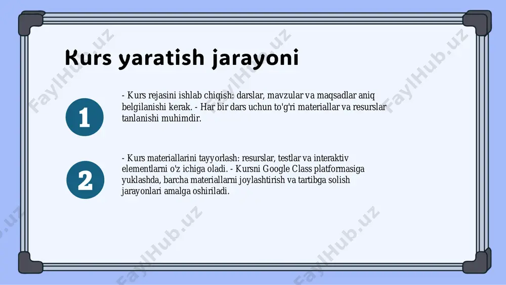 marali qiladi. darslar va mavzularni belgilash orqali mukammal kurs rejasini tuzish zarur. talabalarni ulash jarayoni tez va sodda. google class orqali talabalarni qo'shish va ro'yxatini boshqarishni o'rganish muhim. o'qituvchilar va talabalar o'rtasida yaxshi aloqa o'rnatish, darslar va topshiriqlarni boshqarish ta'lim jarayonini yaxshilaydi. foydalanilgan adabiyotlar 1. azizova, m. 'o'qitishda google classroom platformasidan foydalanish: tajriba va samaradorlik'. ta'lim va innovatsiyalar, 2022 2. rahmonova, d. 'talabalarni boshqarish usullari: google class orqali interaktiv o'qitish'. o'qituvchi va talaba, 2023 3. sattorov, k. 'kurs yaratish jarayoni va google class imkoniyatlari'. o'zbekiston ta'limi, 2021 4. ismoilov, a. 'google classda talabalarni ulash: amaliy ko'rsatmalar'. o'quv jarayonida yangiliklar, 2023 5. abdullayeva, l. 'google class: ta'lim jarayonini samarali boshqarish uchun platforma'. o'zbekiston respublikasi ta'lim vazirligi, 2022 e'tiboringiz uchun rahmat! slide 1 slide 2 slide 3: kurs yaratish jarayoni slide 4: kursga talabalarni ulash slide 5 slide 6 slide 7: google classdagi imkoniyatlar slide 8: afzalliklari va qo'llanilishi slide 9: xulosa …