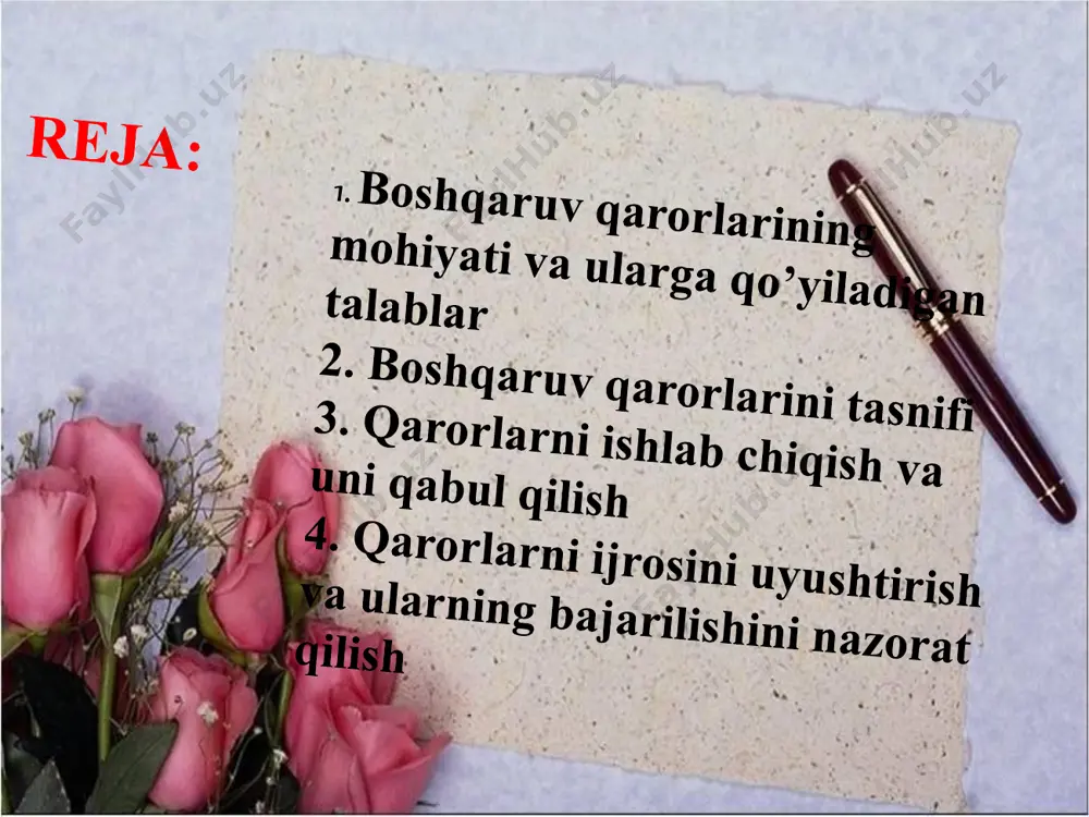 yali qarorlar 4 axborot bilan ta'minlanganlik darajasiga ko’ra - aniq qarorlar - noaniq qarorlar 5 amal qilish xususiyatiga ko’ra - vaqtinchalik qarorlar - operativ (tezkor) qarorlar - muntazam qarorlar - vaqti-vaqti bilan qabul qilinadigan qarorlar 6 qarorni qabul qilish shakliga ko’ra - yakkaboshlik printsipi asosida qabul qilingan qarorlar - kollegiallik asosida qabul qilingan qarorlar - konsensus printsipi asosida qabul qilingan qarorlar - "ringi" usuli asosida qabul qilingan qarorlar xususiylashtirish jarayonlarini chuqurlashtirish. raqobat muhitini shakllantirish. chuqur tarkibiy o’zgarishlarga erishish. kichik va xususiy biznesni rivojlantirish strategik qaror maqsadga erishishda muhim ahamiyatga ega. u yuqori boshqaruv organlari tomonidan tub va istiqbolli dasturlarni ishlab chiqish maqsadlarida qabul qilinadi. bunday dasturlarga: - korxona, firmaning joriy rejalarini tuzish va joriy qilish. - kadrlar masalasini hal qilish va hk. taktik qarorlar maqsadga erishishning vosita va usullari xususidagi joriy, tezkor qarorlardir. masalan: umumiy qarorlar bir xil muammoga daxldor bo’lib, barcha bo’g’inlar uchun birdek amal qiladi. masalan, ish kunining …