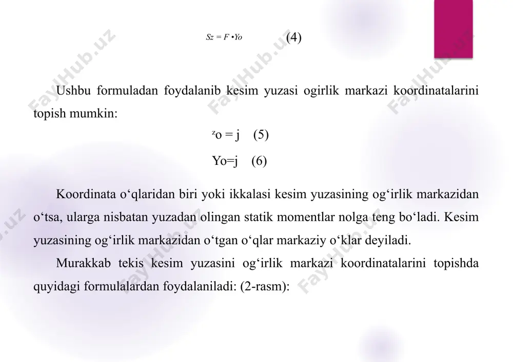 a momenti katta bo'lishi kerak. ■ shuning uchun qurilishda i-shaklr t-shakl, quti shaklli kesimlar ishlatiladi. ular kam material sarflab, katta mustahkamlik beradi. ■ mashinasozlikda val va trubalarni hisoblashda ham inertsiya momentlari asosiy rol ojynaydi. ko‘ndalang kesim yuzalarining inertsiya momenti konstruksiya elementining mustahkamligi va deformatsiyaga qarshiligini belgilaydi. oddiy shakllar uchun formulalar yodda saqlanadi, murakkab kesimlar esa oddiy qismlarga ajratilib, parallel o‘qlar teoremasi yordamida hisoblanadi. shunday qilib: . to‘rtburchak uchun: bh312\tfrac{bha3}{12}12bh3, . doira uchun: nr44\tfrac{\pi ra4}{4}4nr4, . halqa uchun: n4(r4-r4)\tfrac{\pi}{4}(ra4 - ra4)4n(r4-r4), . uchburchak uchun: bh3 36\tfrac{bha3}{36}36bh3. foydalanilgan adabiyotlar 1. urozboev “materiallar qarshiligi ko'rsi”, toshkent: “o'qituvchi”, 1979, 510 b. 2. a.f.smirnov taxriri ostida “materiallar qarshiligi”, toshkent: “o'qituvchi”, 1988, 464 b. 3. v.m.feodosev “soprotivlenie materialov”, m.1979. 4. v.i.samul “osnov teorii uprugosti iplastichnosti”, m., 1982. image2.png image3.png image4.png image5.png image6.png image7.jpeg image8.jpeg image9.jpeg image10.jpeg image11.jpeg image12.jpeg image13.jpeg