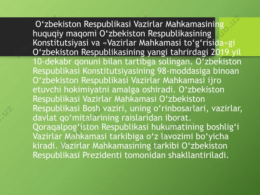 fatida faoliyat ko‘rsatishi va bosh vazir mavqei oshishiga olib keldi. vazirlar mahkamasi davlat boshqaruv organlari tizimiga va o‘zi tashkil etadigan xo‘jalik boshqaruvi organlari tizimiga boshchilik qiladi hamda ularning hamjihatlik bilan faoliyat ko‘rsatishini ta’minlaydi. vazirlar mahkamasining vazifasi aniqlashtirilsa, ular birinchidan, rahbarlik faoliyatini olib boradi, ikkinchidan, ijroni ta’minlaydi. qonunlar, prezident farmonlari, qarorlari, farmoyishlarining ijrosini ta’minlash, bevosita vazirlar mahkamasiga yuklanadi. vazirlar mahkamasi rahbarligi barcha sohalarga taalluqlidir. ular iqtisodga, ijtimoiy, madaniy masalalarga taalluqli barcha sohalar faoliyatiga rahbarlikni amalga oshiradilar. hozir barcha sohalarda olib borilayotgan islohotlarning muvaffaqiyatli amalga oshishida, iqtisodimizning kuchli bo‘lishida, mudofaa qobiliyatining kuchayishida, xalq turmush farovonligining oshishida o‘zbekiston hukumatining olib borayotgan siyosati,tutgan o‘rni katta rol o‘ynaydi. . vazirlar mahkamasi (hukumat) * bosh vazir * bosh vazir o‘rinbosarlari * vazirlar * davlat qo‘mitalari raislari * qoraqalpog‘iston respublikasi hukumati boshlig‘i yodda tuting! hukumat ijro hokimiyatini amalga oshirish natijasida davlat va jamiyatning ijtimoiy, iqtisodiy, ma'naviy sohalariga rahbarlik qiladigan, davlat boshlig‘i va parlamentning hujjatlarini (qonun, qaror, farmon, …