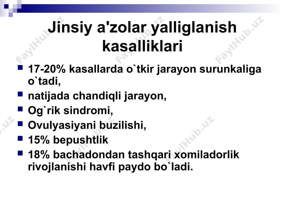 ar qichishish, achishish. kalit xujayralarni aniklanishi (gramvariabil bo`lgan mikroorganizmlar) bilan qoplangan yassi epiteliyning ko`chgan xujayralari. tourch- infeksiya t- toksoplazmoz u- ureaplazmoz r- rubiolla (krasnuxa) ch- xlamidii, sitomegalovirus, gerpesvirusi . . . .va boshqalar urogenitalniy xlamidioz chlamidia trahomatis. gramm (-) va gramm (+) bakteriya, atf ishlab chiqara olmaydi! yuqish yo`llari: jinsiy kontakt maishiy homiladorlik paytida yuqishi rivojlanish sikli ketma-ket 2 xil hujayra formalarini hosil bo`lishi-elementar va retikulyar tanachalar elem: yuq. infeksion, ko`payish xus. ega emas,spesifik terapiya ta`sir etadi. r.t.:metabolik aktiv va ko`payish xus. ega yuqoriga ko`tarilishi bachadon bo`yni -servisit→ bartolinit→endometrit→salpingit→pelvioperitonitlar, perigepatitlar va hokazo. klinik inkibasion davr 10-30 kun, 75% hllarda beldisiz, «manifest formasida » achishish uretrada,dizurik belgilar,qichishish,qorin pastida,chov sohasida noaniq og`riqlar. diagnostika 1- qo`zg`atuvchini aniqlash – ifa,serologik metodlar 2- zadobda xlamidiyga qarshi antitanalarni aniqlash -psr 3- kultural usul davolash 1 – ab terapiya 2 – interferonlar va ularning induktorlari 3 – immunokorreksiya 4 – mahalliy davolash 5 – mit buzilishlarini korreksiyalash …