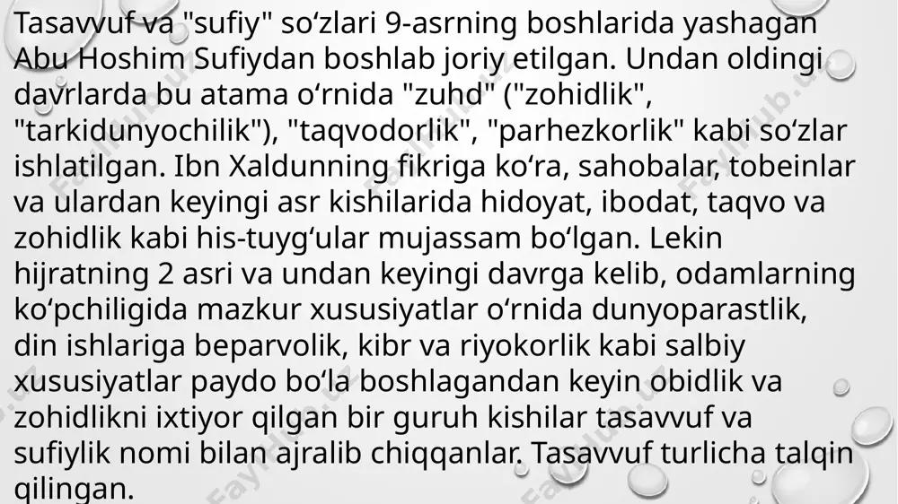 ndiya taxlili" kitobi va boshqa kitoblarda tasavvufning barcha tariqatlari va ularga doir asarlar hamda mashoyixlar qattiq tanqid qilingan. aziz avliyolarning maqbara va mozorlarini ziyorat qilish shirk deb sanalgan. vaholanki, ularning bu daʼvolari sharʼan asossizdir. islom huquqshunosligida, yaʼni sharʼiy koʻrsatmalarni amalga tatbiq etishda 4 ta fiqxiy mazhab boʻlganidek, tasavvufda ham bir necha tariqatlar shakllangan. mashhurlari — tayfuriya, junaydiya, hakimiya, qodiriya, yassaviylik, malomatiylar, rifoiya, kubroviylik, suhravardiylik, chishtiya, akbariya, shoziliya, bektoshiya, mavlaviya, naqshbandiya, sanusiya tariqatlaridir. mustaqillik yillari mamlakatimizda tasavvuf tariqatlarini oʻrganish, unga doir asarlarni tarjima qilish, atoqlii mashoyixlarning maqbaralarini qayta qurish va taʼmirlashga ahamiyat berilmoqda. hakim termiziy, najmiddin kubro, abduxoliq gʻijduvoniy, xoja ahmad yassaviy, bahouddin naqshband, xoja ahror valiy, shayx zayniddin, zangi ota, shayx xovandi tohur va boshqa koʻplab tasavvuf tariqatlariga mansub piri komillarning xayot va ijodlarini chuqur oʻrganilayapti . etiboringiz uchun raxmat image3.png image4.jpeg image5.jpeg image6.jpeg image1.png