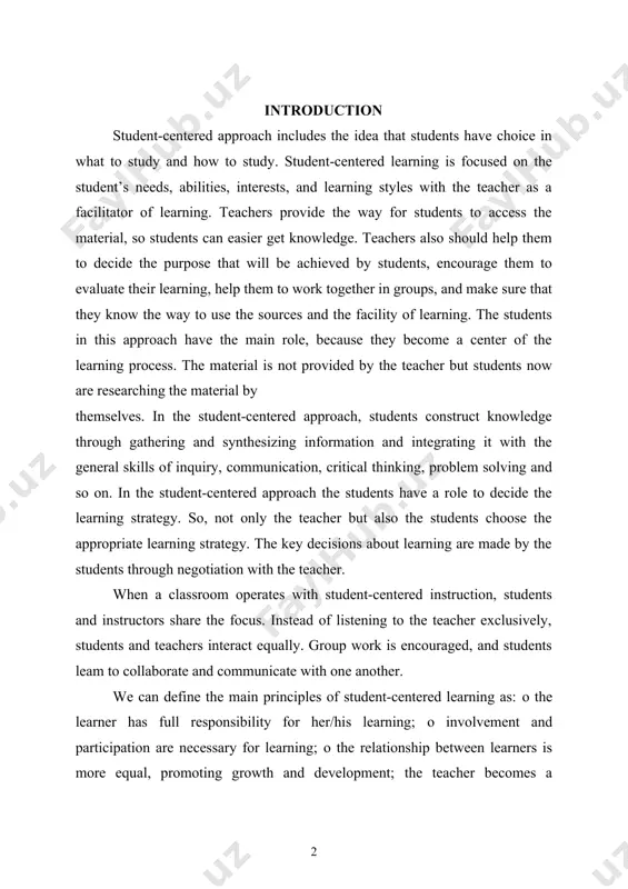 and students leam to collaborate and communicate with one another. we can define the main principles of student-centered learning as: о the learner has full responsibility for her/his learning; о involvement and participation are necessary for learning; о the relationship between learners is more equal, promoting growth and development; the teacher becomes a facilitator and resource person; the learner sees himself differently as a result of the learning experience. main part student-centred teaching the term student-centred learning (scl) is widely used in the teaching and learning literature. many terms have been linked with student-centred learning, such as flexible learning (taylor 2000), experiential learning (burnard 1999), self-directed learning and therefore the slightly overused term 'student-centred learning' can mean different things to different people [10;154-p]. in addition, in practice it is also described by a range of terms and this has led to confusion surrounding its implementation [33;48-p]. the concept of student-centred …