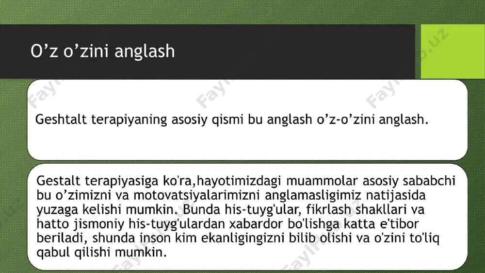 yniqsa, qayg'u, aybdorlik, xafagarchilik yoki tashvish bilan kurashayotgan mijozlar uchun samarali bo'lishi mumkin. bo'sh stul nimani anglatadi? gestalt terapiyasida bo'sh stul suhbatdagi "boshqa" ni yoki o'z-o'zidan hal qilinishi kerak bo'lgan turli qismlarini anglatadi. bu mijozning hayotidagi shaxs, hal qilinmagan vaziyat yoki mijozning shaxsiyatining turli jihatlari bo'lishi mumkin. texnika mijozga o'z fikrlari, his-tuyg'ulari va tajribalarini bo'sh stulga aks ettirishga imkon beradi, bu esa ularga yangi nuqtai nazarga ega bo'lishga imkon beradi. bo'sh stul usulidan ramziy ma'noda foydalanish introspektsiyani rag'batlantiradi va mijozga o'z his-tuyg'ulari va reaktsiyalarini yaxshiroq tushunishga yordam beradi. bo'sh stul menga qanday yordam berishi mumkin?ushbu texnikadan foydalanish sizni hozirgi tajribangizning "bu yerda va hozir" ga olib borishga yordam beradi. nima bo'layotganini og'zaki bayon qilganingizda, mavhum yanada aniqroq bo'ladi. boshqa odamning rolini o'z zimmangizga olganingizda, siz o'zingizning nuqtai nazaringiz bilan bir qatorda ularning nuqtai nazarini ham tushunasiz. agar bo'sh stul mashqlari sizning bir qismini yoki ichki ziddiyatni ifodalasa, siz o'zingizning turli …