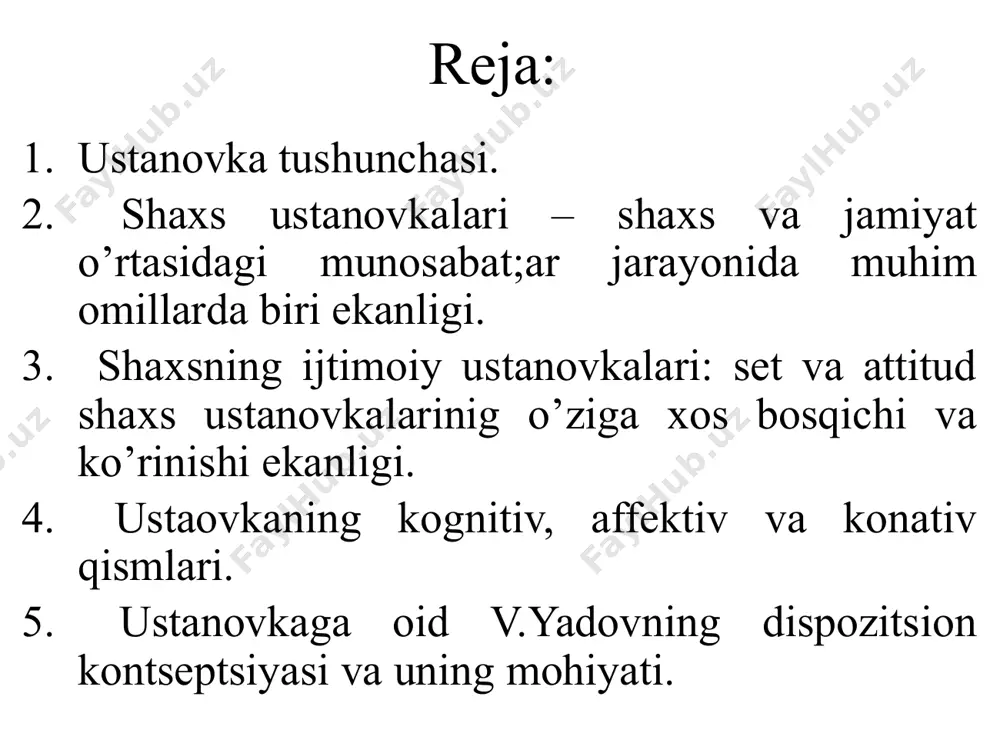 va amerikada” deyilgan asarida keltirishgan. «attitude» ko'pchilik tadqiqotchilar tomonidan quyidagicha tushunilgan: ongning ma’lum bir holati; reaksiyaga tayyorlikni aks ettiruvchi holat; inson tomonidan maxsus tashkil etilgan holat; avvalgi tajribaga asoslanuvchi holat; xulq-atvorga dinamik ta’sir ko'rsatuvchi holat; g.ollport attityudga shaxsning tayyorgalik jarayoni sifatida qaraydi, u xulq-atvorni keltirib chiqaruvchi yakunlangan manba sifatida tushun. u.tomas, f.znanetskiy, g.ollport, m.smit, d.kats va boshqalar attityudni shaxsning guruh a’zosi sifatidagi xulq-atvori mexanizmlarini o'rganuvchi obyekt sifatida qaraganlar e. bogardusning «attityud — bu atrof-muhitdagi ayrim omillarga mos yoki qarama-qarshi harakat qilish an’anasidir», deb tushuntiradi. m.samitga ko’ra(1942y) attityudning uch komponentli strukturasaini attitud kognitiv affektiv konativ kognitiv qism – shaxsdagi attityud obyektiga nisbatan bilimlar yig’indisi bo’lib obyektning shaxs tomonidan anglanishidir. unga shaxsdagi bilimlardan tashqari g‘oyalar, tasavvurlar, prinsiplar va boshqalar. affektiv qismi (emotsional) —obyektni hissiy-emotsional baholash bo‘lib, obyektga nisbatan yoqtirish yoki yoqtirmaslik tarzidagi hissiyotlar kiradi. konativ qism — xulq-atvor bilan bog‘liq qism bo‘lib, unga obyektga nisbatan amalga oshiriladigan xatti-harakatlar, aynan xulq-atvor ko'rinishlari kiradi. …