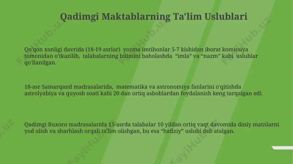 a o'qituvchi markaziy shaxs bo'lib, 20-asrning boshlarida buxoro madrasalarida ham shunday bo'lgan, zamonaviy pedagogika esa o'quvchini faol ishtirokchi sifatida ko'radi va guruhdagi hamkorlikni rag'batlantiradi. ta'limning maqsad va vazifalari samarqanddagi mirzo-ulug‘bek rasadxonasida 15-asrda astronomiya va matematika ta’limi, asboblar yordamida amaliy kuzatishlar va murakkab hisob-kitoblar orqali 20 dan ortiq talaba tomonidan olib borilgan. 18-asr xivada, ta’limning vazifalaridan biri, 10 yoshdan yuqori bo‘lgan talabalarga, qo‘lyozma kitoblar yordamida, 30 dan ziyod diniy va dunyoviy fanlardan bilim berish edi. 19-asr buxoro madrasalarida ta’limning asosiy maqsadi, talabalarga 5 yildan 15 yilgacha bo‘lgan muddatda islom dinining 4 mazhabi va fiqh bilimlarini, shuningdek, arab tili va adabiyotini chuqur o‘rgatish edi. o'qituvchilarning rol va mas'uliyati 19-asr oxiri va 20-asr boshlarida samarqand madrasalarida ustozlar nafaqat dars berish, balki talabalarning axloqiy tarbiyasi, diniy bilimlarini chuqurlashtirish va 3-4 yildan keyin imtihonlarga tayyorlash bilan ham shugʻullanishgan. toshkentdagi rus-tuzem maktablarida 1870-yillardan boshlab oʻqituvchilarning masʼuliyati davlat tomonidan belgilangan dasturga rioya qilish, oʻquvchilarning bilim darajasini muntazam …