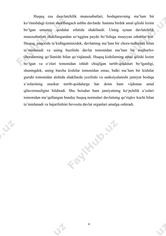 oidalarining majmuidir. huquq ijtimoiy normalar tizimida muhim o‘rinni egallaydi.va quyidagi ehtiyojlar natijasida vujudga keladi: · davlat paydo bo‘lib, kishilar muayyan hududda yashashi natijasida ularning yangi birligi – xalqning shkllanishi va yangi munosabatlarni tartibga solish zaruriyati bilan; · sinflar o‘rtasida vujudga kelgan o‘zaro jiddiy munosabatlarni mavjudligi sharoitida yagona tartibni o‘rnatish zarurati bilan; · o‘zaro hamkorlik, qo‘shnichilik munosabatlarini o‘rnatish hamda harbiy nizolarni tinch yo‘l bilan hal qilish zaruriyati bilan; huquqning ijtimoiy normalarning boshqa turlari bilan farq qiluvchi tomonlari: · xuquqning paydo bo‘lishi va amal qilishi davlatning paydo bo‘lishi va mavjud bo‘lishi bilan uzviy bog‘liq; · faqat huquqqina barcha jamiyat a’zolari uchun umummajburiy normalar tizimidir; · huquqning bajarilishi davlat tomonidan ta’minlanadi; · huquq davlat tomonidan o‘rnatiladi; · xuquq rasmiy shaklda – qonunlarda ifodalanadi. unga shaklan aniqlik xos. unda huquq va majburiyatlar aniq va tushunarli qilib belgilangan bo‘ladi. “huquq” - iborasi ikki ma’noda qo‘llaniladi. obyektiv huquq – umummajburiy xulq- atvor qoidalarining yig‘indisidir. subyektiv huquq …