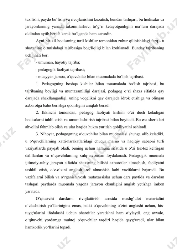 . o‘qituvchi darslarni rivojlaitirish asosida mashg‘ulot materialini o‘zlashtirish yo‘llarinigina emas, balki o‘quvchining o‘zini anglashi uchun, his-tuyg‘ularini ifodalashi uchun sharoitlar yaratishni ham o‘ylaydi. eng avvalo, o‘qituvchi yordamga muhtoj o‘quvchilar taqdiri haqida qayg‘uradi, ular bilan hamkorlik yo‘llarini topadi. muomalada munosabat va o‘zaro harakat deb ataluvchi tomonlarni ko‘rsatish mumkin. bu aysbergning suv osti va suv usti qismlariga o‘xshash bo‘lib, ko‘zga ko‘rinuvchi qismida nutqiy va nutqsiz harakatlar seriyasini, ko‘zga chalinmaydigan qismida harakatlarga ehtiyojlar motivlari, qiziqishlar, his-tuyg‘ularni ko‘rsatish mumkinki, bular hammasi bir bo‘lib kishini muomalaga undaydi. tadqiqotlarning ko‘rsatishicha, pedagoglardagi bilimlarga nisbatan emosional ijobiy munosabat, ularning o‘qishi va xulqidagi ayrim kamchiliklarga nisbatan ishchan vaziyatdagi to‘g‘ri muomala, xotirjamlik va tenglik asosida munosabat ishonch tuyg‘ularini shakllantiradi. bolalarga nisbatan salbiy munosabat («senlarning sinfingdan to‘ydim», «donolik qilasanu, lekin to‘g‘ri yozolmaysan»), o‘qituvchi pozisiyasidagi beqarorlik o‘quvchilar o‘rtasida ishonchsizlikni tug‘diradi, shuningdek, ikkiyuzlamalik, xushomadgo‘ylik kabi zararli hislatlarni yuzaga keltiradi. bularning hammasi butun o‘quv-tarbiya jarayonida o‘z izini qoldiradi. murabbiy hech qachon o‘quvchining g‘oyasi o‘qituvchi shaxsidan …