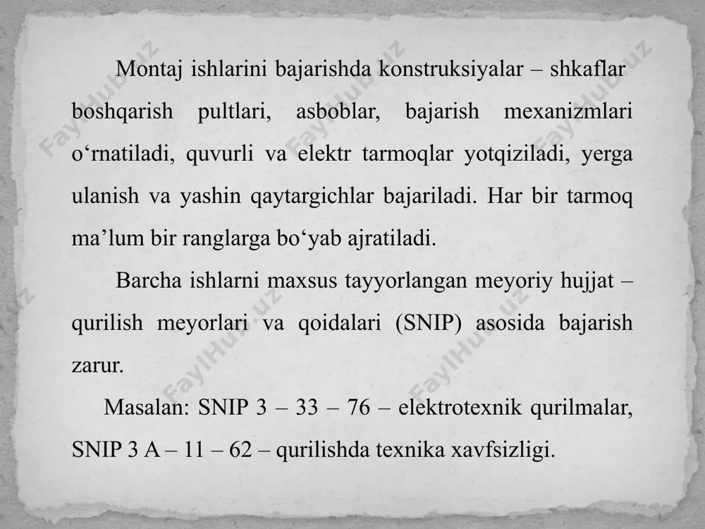 i bajarish loyihalari» oxirgi fan texnika yutuqlardan foydalanib, yuqori unumli tashkiliy – texnik tadbirlarni qo‘llab, asosiy yig‘ish ishlarini zavod yoki sexlarda bajarilishi ko‘zda tutilib, bajariladi. ishlarni bajarish loyihalari (ibl) tarkibi va mazmuni bajariladigan ish xarakteri va hajmiga qarab ma’lum bir ko‘rinishda bo‘ladi. avtomatlashtirish tizimlarining montaji uchun «ishlarni bajarish loyihalari» qo‘yidagilarni o‘z ichiga olishi mumkin: tushuntirish yozuvi, unda o‘rnatilgan qurilmalar komplektiga qisqa tavsif beriladi, asosiy shkaflar, shitlar va boshqarish pultlari o‘rnatilgan joyi haqida ma’lumotlar beriladi, texnika xavfsizligi va mehnat muhofazasi haqida ko‘rsatmalar beriladi. montaj anjomlarining ro‘yhati alohida spetsifikatsiya qilinadi. asboblar, bajarish mexanizmlari va qurilmalar uchun komplektlik vedomostlari (ro‘yhati) tuziladi. avtomatlashtirish tizimi elementlari va zvenolarini montaj ishlarini bajarish uchun grafik va boshqa xujjatlar. montaj ishlarini bajarishning asosiy bosqichlari quyidagilardan iborat: zavodlar va ustaxonalarda bajariladigan tayyorgarlik ishlari va anjomlarni o‘rnatishga tayyorlab olish ishlari. qurilish ob’ktini avtomatlashtirish vositalari va tarmoqlarni o‘rnatish ishlariga tayyorlash, maydon, joylarni bo‘shatib qo‘yish. o‘rnatilgan jihozlar va materiallarni o‘rnatish joyiga tashib …
