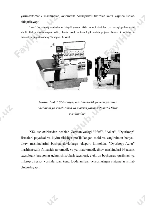 kuvchi ikki ignali tikuv mashinalari belgilanishida ignalar orasidagi masofani bildiruvchi raqam ko`paytirish belgisi orqali kiritilgan. masalan, 852x38, 852-1x10. orsha (belorussiya) yengil sanoati mashinasozlik korxonasi ham uz tikuv mashinalariga shu yusinda quyidagicha belgilar ko`ygan: moki bahyali to`g`ri bahyaqator yuritadigan 97-a rusumli tikuv mashinasi; ostki gazlamadan solqi hosil qiladigan 297 rusumli tikuv mashinasi; gazlama chetini qirqishga mo`ljallangan 397-m rusumli tikuv mashinasi; materialni differensial suruvchi 697 rusumli tikuv mashinasi va xokazo. rostov-don yengil mashinasozlik zavodi o`zining tikish va yo`rmashga mo`ljallangan mashinalarini vazifasiga kura raqam va sharflar bilan belgilaydi (masalan, 408-aem, 508-m va xokazo). "pfaff" (germaniya) firmasi tikuv mashinalari 22 ta raqamli belgilanishga ega. masalan, 142-732/09-263/02-900/05 bs x 10 tikuv mashinasi belgilanishi quyidagicha taxlil qilinadi: 1 – ikki ipli moki bahya hosil qilib tikuvchi, 4 – tekis platformali, 2 – tebranma harakatlanuvchi ignali, gazlamani ostki reyka orqali suruvchi ikki ignali, 732/09 – gazlama chetini qirquvchi qurilmali, 263/02 – chuntak tikuvchi qurilmali, 900/05 – ipni …