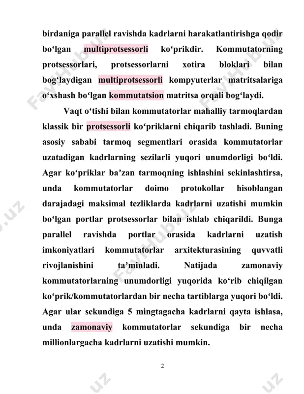 imkoniyatlari kommutatorlar arxitekturasining quvvatli rivojlanishini taʼminladi. natijada zamonaviy kommutatorlarning unumdorligi yuqorida koʻrib chiqilgan koʻprik/kommutatorlardan bir necha tartiblarga yuqori boʻldi. agar ular sekundiga 5 mingtagacha kadrlarni qayta ishlasa, unda zamonaviy kommutatorlar sekundiga bir necha millionlargacha kadrlarni uzatishi mumkin. ethernet segmentlarini kommutatsiyalash texnologiyasi ishchi stansiyalar segmentlari bilan yuqori unumdor serverlar aloqalarining oʻtkazish xususiyatlarini oshirishga boʻlgan talablarning oʻsishiga javoban 1990-yilda ishlab chiqildi. bunday turdagi kommutatorda boʻsh boʻlganda, kadrni qabul qilish momentida chiqish portining holatida kadrning birinchi konsentrator ishlab chiqaruvchilar bu funksiyani oʻzlarining xususiy yechimlari orqali qoʻllab-quvvatlashgan. masalan, ethernet konsentratorlari sirtmoqsiz iyerarxik aloqalarni hosil qilishi mumkin, shuning uchun ham zaxiradagi sohalar har doim tarmoqning ish mantigʻini buzmasligi uchun uzilgan portlarni bogʻlashi kerak. odatda, konsentratorlami konfiguratsiyalashda maʼmurlar qaysi port asosiy va qaysilari zaxira ekanligini aniqlashi kerak. agar biror sababga koʻra port uzilsa (avtosegmentlash mexanizmi ishga tushadi), konsentrator uning zaxiradagi portini aktiv holatga oʻtkazadi. ruxsatsiz kirishdan himoyalash. ajratiluvchi muhit ruxsatsiz tarmoqni eshitish va kuzatilayotgan maʼlumotga ega …