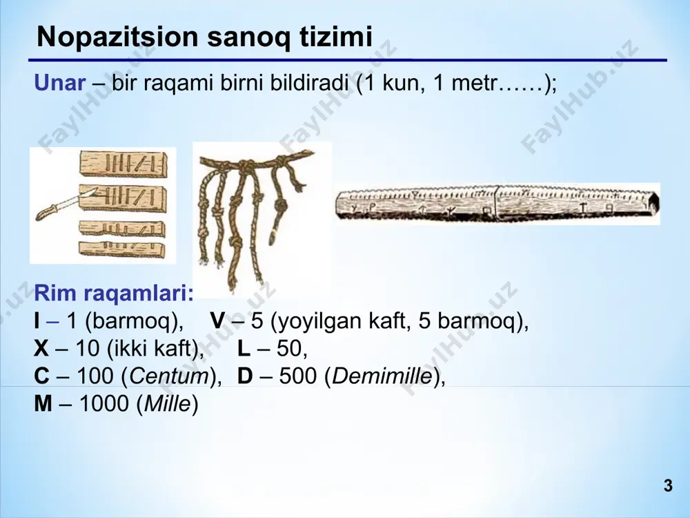 agi sonlar ikkilik sanoq sistemasida judayam katta ko’rinishga kelib qoladi; ikkilik sanoq sistemasi ko’p darajalarga (razryadlarga) ega; inson uchun ikkilikdagi sonlarni o’qish qiyin, chunki ularr bir xil ko’rinishga ega, ya’ni 1 va 0 ko’rinishiga. * * * * o’nlik-ikkilik sistemasi bcd = binary coded decimals (o’nlikdagi raqamlar ikkilikda ifodalanishi) 9024,19 = 1001 0000 0010 0100, 0001 1001bcd 9 0 2 4 , 1 9 1 0101 0011, 0111 1bcd = 0001 0101 0011, 0111 1000 bcd = 153,78 10  bcd bcd  10 10101,1 bcd = 15,8 10101,1 2 = 16 + 4 + 1 + 0,5 = 21,5 bcd da yozilgan sonlar ikkilik bilan bir xil emas! ! * * * sanoq sistemalari mavzu 3: sakkizlik sanoq sistemasi * * * sakkizlik sanoq sistemasi asosi (raqamlar soni): 8 foydalaniladigan raqamlar: 0, 1, 2, 3, 4, 5, 6, 7 10  8 8  10 100 100 = 1448 …