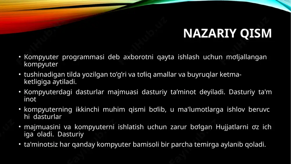matn muharriri, elektron jadval, grafik dasturlar va hakazo). bundan tashqari, dasturiy ta'minot tarqatilishi va targ'ib qilinishi bo'yicha quyidagi 3 ta turga ajratiladi: software shareware freeware software shareware freeware software qiymati 100% to'langanidan keyin o'rnatilib, foydalaniladigan dasturiy ta'minot. shareware aprobasiya, ya'ni sinovdan o'tkazish muddatiga ega bo'lgan (odatda 7 kundan 40 kungacha, yoki bir necha bor kirib ishlashga) yoki imkoniyatlari cheklangan dasturiy ta'minot. undan foydalanib, zarurligi aniqlanganidan keyin xarid qilish mumkin. freeware mutlaqo bepul dasturiy ta'minot. aksariyat hollarda reklama sifatida yoki dasturchilarning ilk ishlanmalari tarqatiladi. _______________________ kompyuterga dasturiy ta'minotni o'rnatish jarayoni installyasiya deyiladi, uni o'chirish esa deinstallyasiya deb ataladi. biror bir dasturiy ta'minotni o'rnatishdan oldin sistema talablarini, ya'ni kompyuterga qo'yiladigan talablarni ko'rib chiqib, mosligini aniqlash lozim. agarda kompyuterning konfigurasiyasi dasturning sistemaga bo'lgan talablariga javob bermasa, u holda mazkur dastur ishlamaydi yoki noto'g’ri ishlaydi. dasturiy ta'minotni o'rnatishga mo'ljallangan nusxasi odatda zich holatdagi majmua shakliga ega bo'lib distributiv deb nomlanadi. distributiv aksariyat hollarda kompaktdiskda …