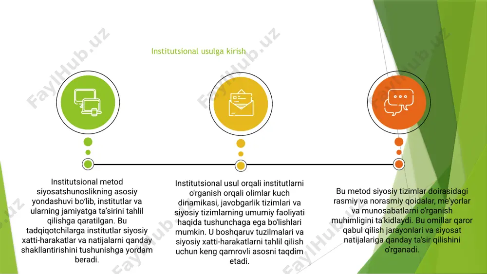 ishning afzalliklari institutsional metod an'anaviy o'qitish usullariga qarshilik va amalga oshirish uchun resurslarning etishmasligi bilan bog'liq muammolarga duch keladi. 03 institutsional usulni amalga oshirish professor-o'qituvchilarni tayyorlash, o'quv dasturlariga moslashish va talabalarning yangi yondashuvga moslashishi kabi to'siqlarni engib o'tishni talab qiladi. 02 institutsional usulni amalga oshirish muammolari 01 ushbu muammolarni hal qilish institutsional usulning muvaffaqiyatli amalga oshirilishi va samaradorligini ta'minlash uchun ma'murlar, o'qituvchilar va talabalar o'rtasidagi hamkorlikni talab qiladi. institutsional usul ularning xatti-harakatlari va natijalariga ta'sirini tushunish uchun institutlar ichidagi tizimlar va tuzilmalarni tahlil qilishni o'z ichiga oladi. ushbu yondashuv qaror qabul qilishni shakllantiradigan rasmiy va norasmiy qoidalarga qaratilgan. 01 02 institutsional usulni boshqa yondashuvlar bilan qiyosiy tahlil qilish har birining kuchli va cheklovlarini chuqurroq tekshirish imkonini beradi. turli metodologiyalarni o'rganish orqali tadqiqotchilar aniq tadqiqot savollariga qaysi yondashuv eng mos kelishi haqida tushunchaga ega bo'lishlari mumkin. 03 boshqa yondashuvlar bilan solishtirganda institutsional usulning nuanslarini tushunish har tomonlama tadqiqot loyihasini ishlab chiqish …